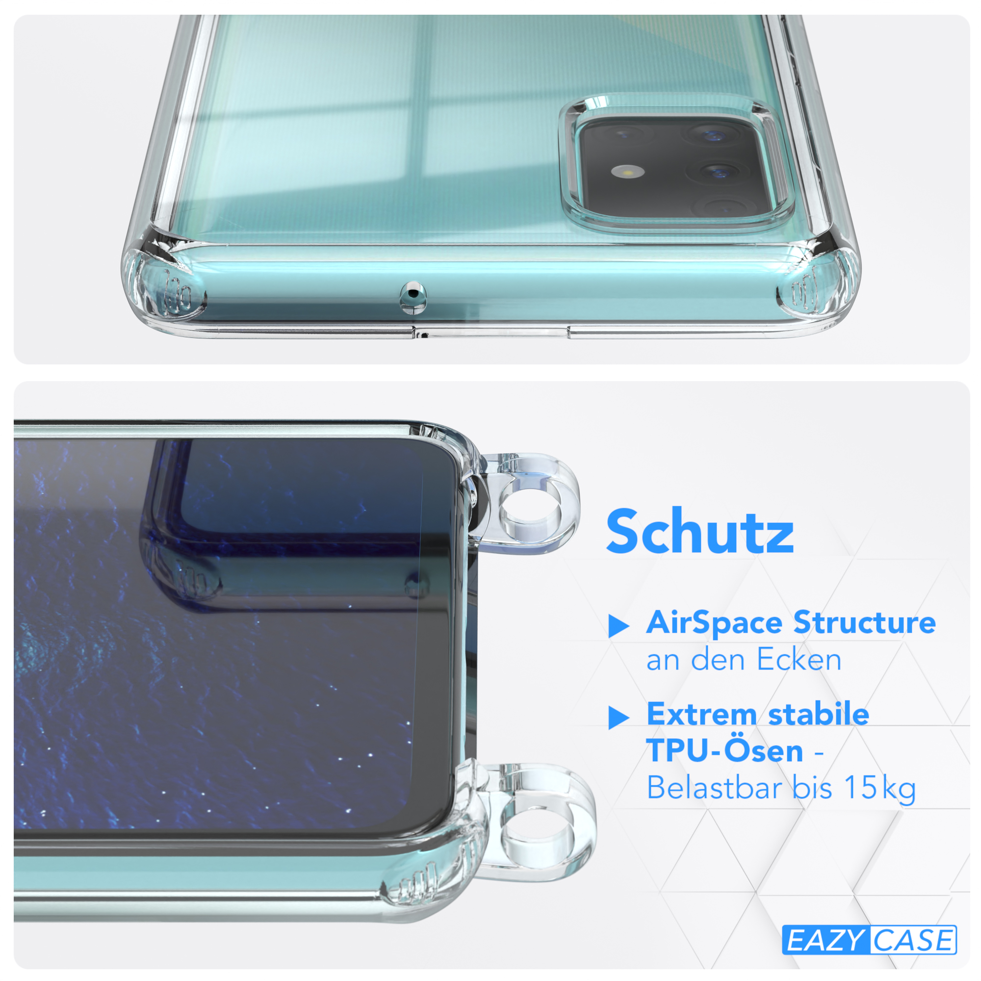 Nahaufnahme einer transparenten Handyhülle mit Schutzfunktionen. Details zur Gehäusestruktur und Eckenschutz.