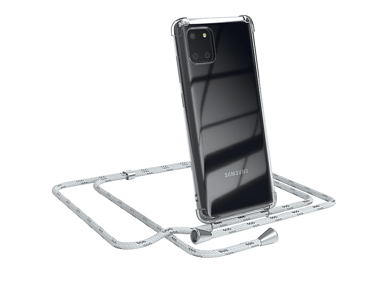 EAZY CASE Clear Cover mit Umhängeband, Umhängetasche, Samsung, Galaxy Note 10 Lite, Weiß / Clips Silber