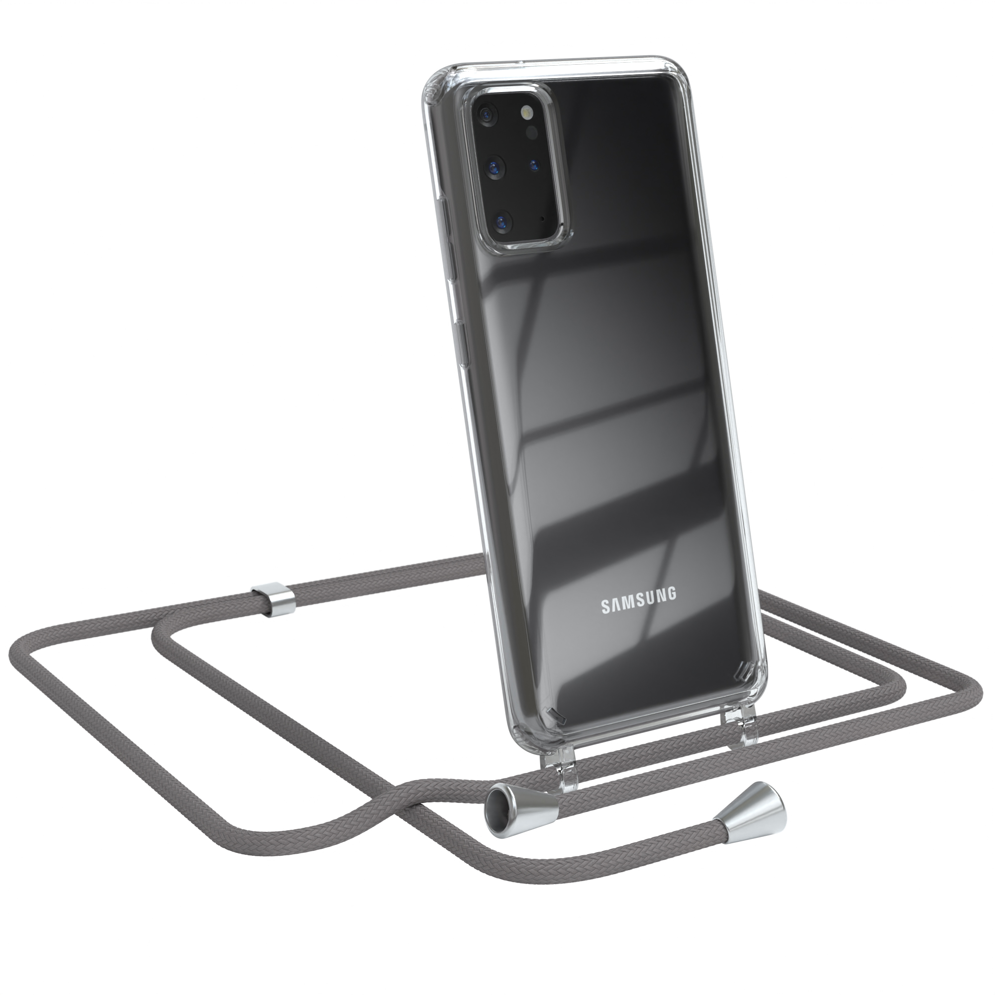 Telefon in transparenter Hülle mit grauem Riemen. Das Telefon ist abgewinkelt, Samsung-Logo.