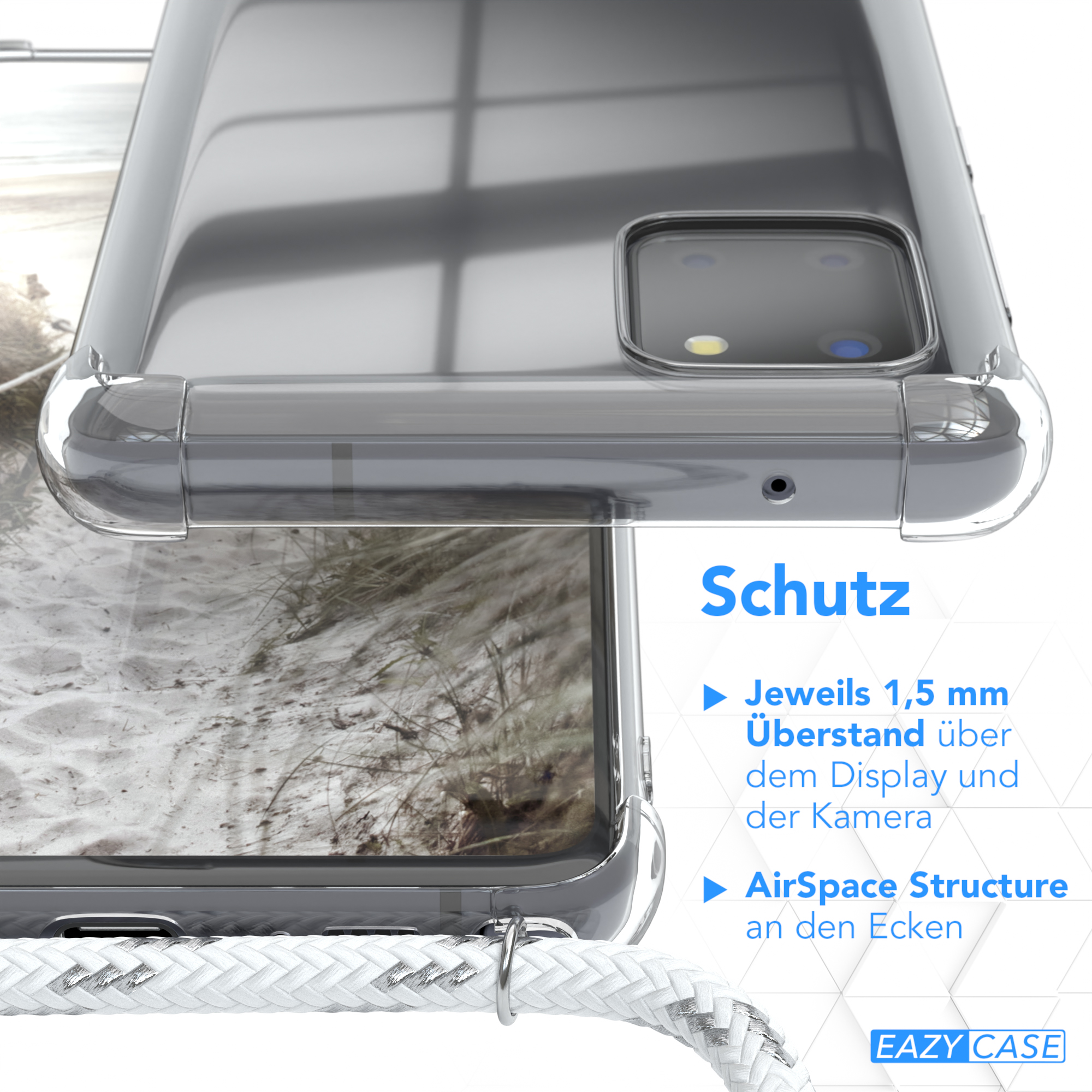 Nahaufnahme einer durchsichtigen Handyhülle. Die Hülle hat ein weißes Kabel befestigt.