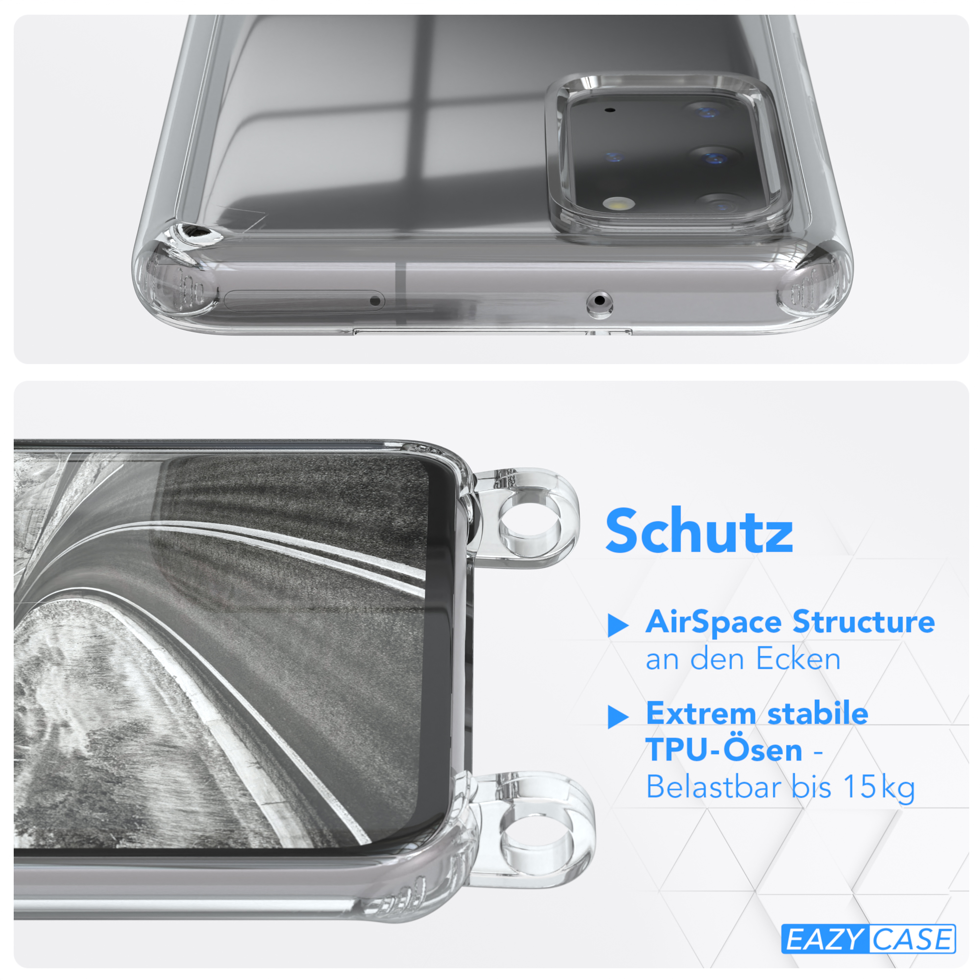 Nahaufnahme einer Handyhülle, mit Text: 'AirSpace Structure', 'Extrem stabile TPU-Ösen' und Markenlogo.