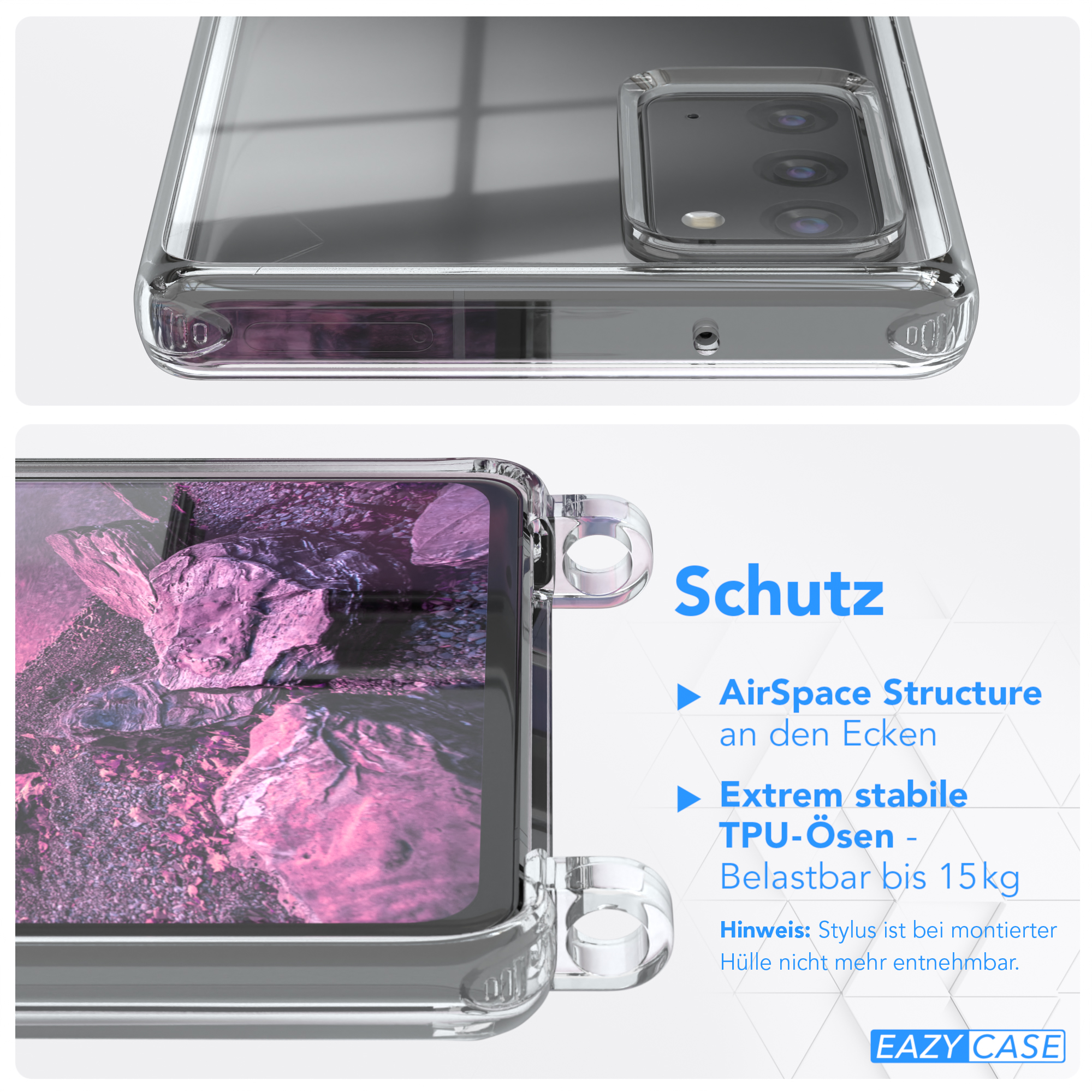 Eine transparente Handyhülle, die Schutzdetails zeigt, und ein rosa Lanyard.