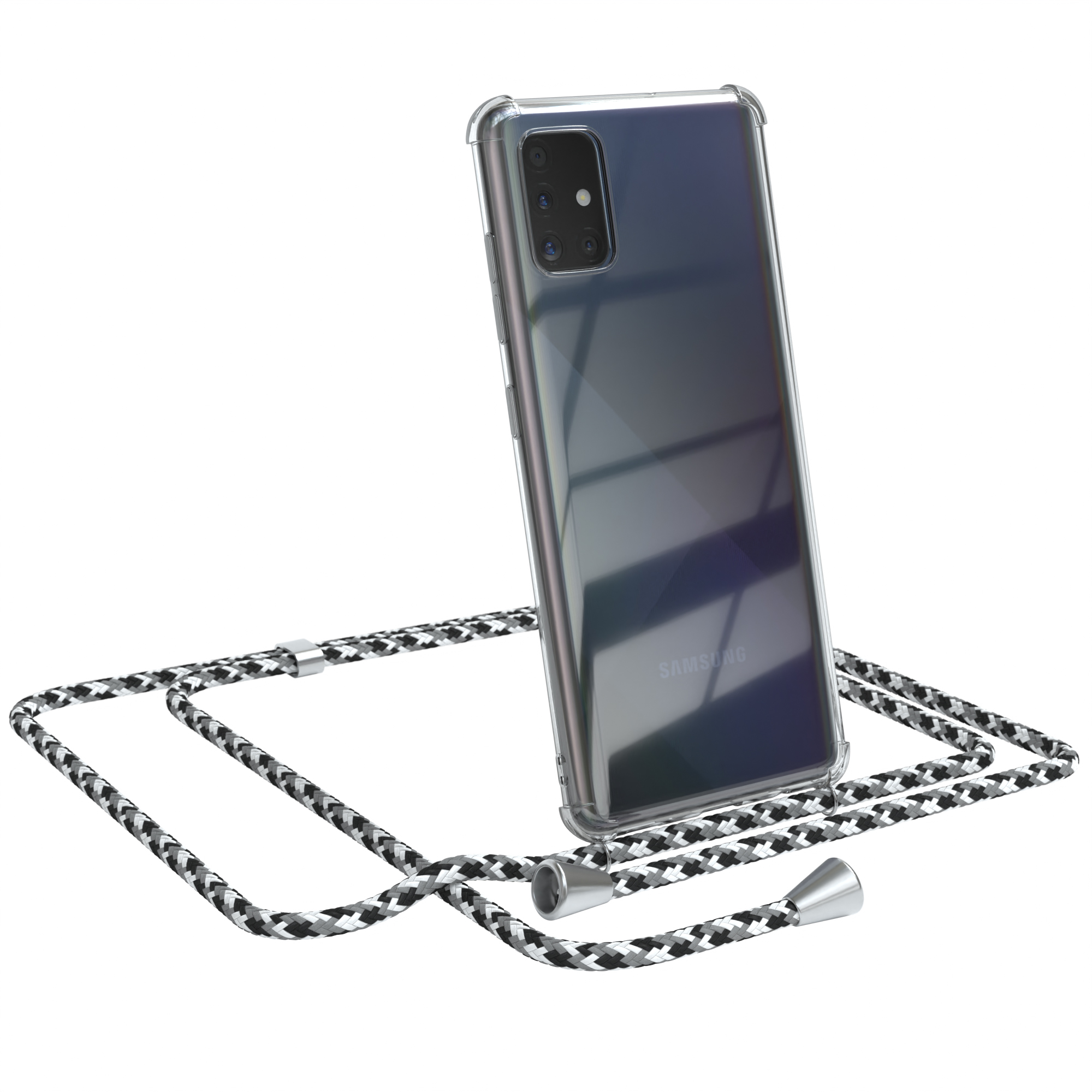 Ein Telefon in einer transparenten Hülle mit einem schwarz-weißen Seil. Das Telefon hat ein Samsung-Logo.