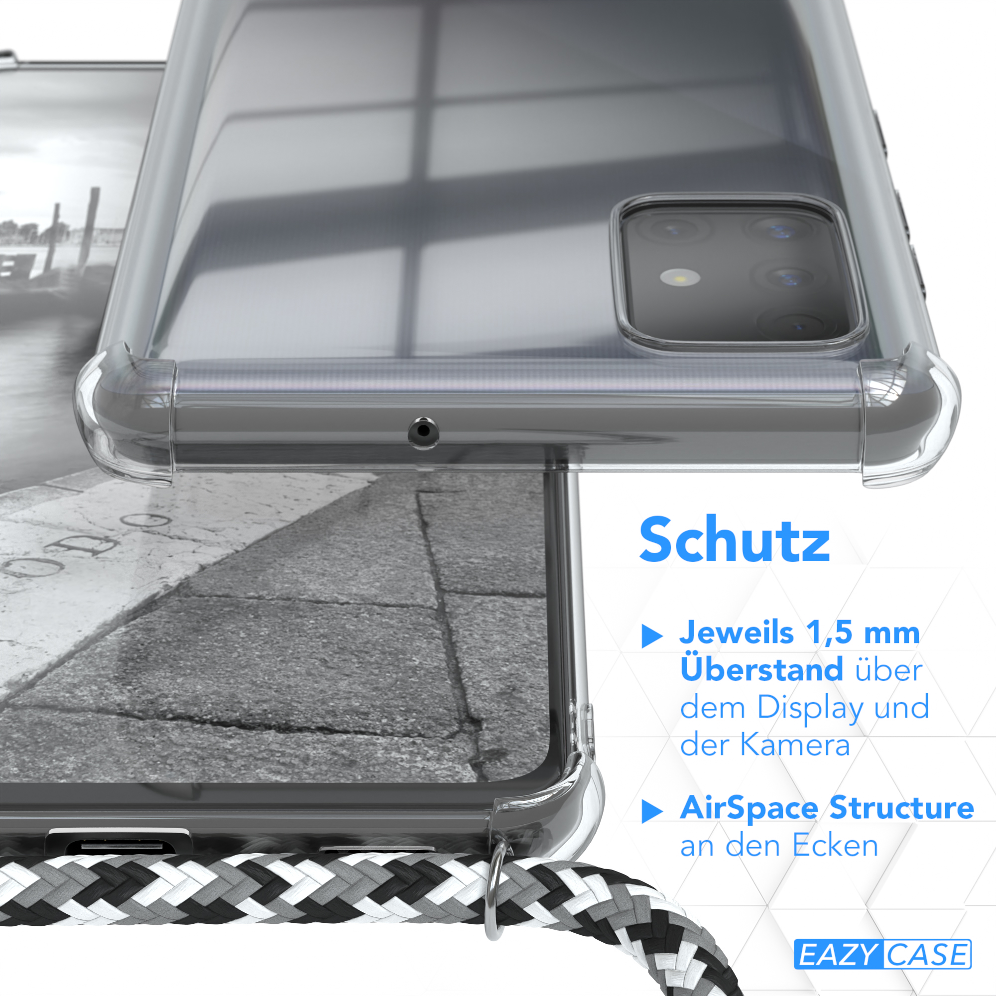 Nahaufnahme der Handyhülle mit Text, der Funktionen angibt. EAZY CASE Logo unten.