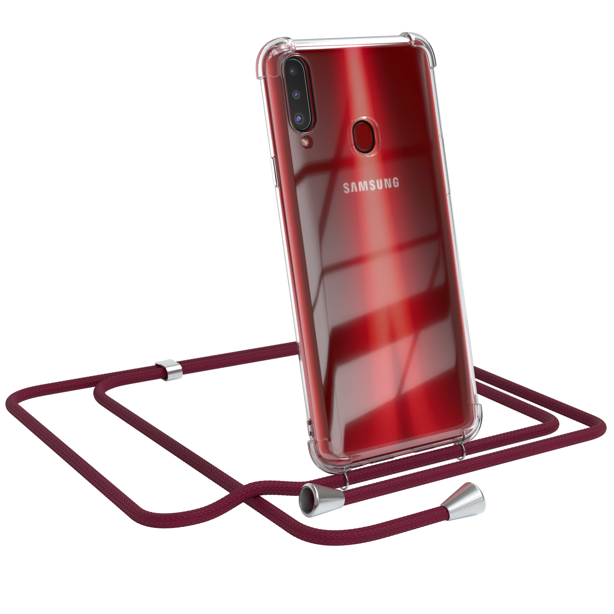 Transparente Handyhülle mit burgunderfarbenem Schlüsselband. Ein Samsung-Telefon ist drin.