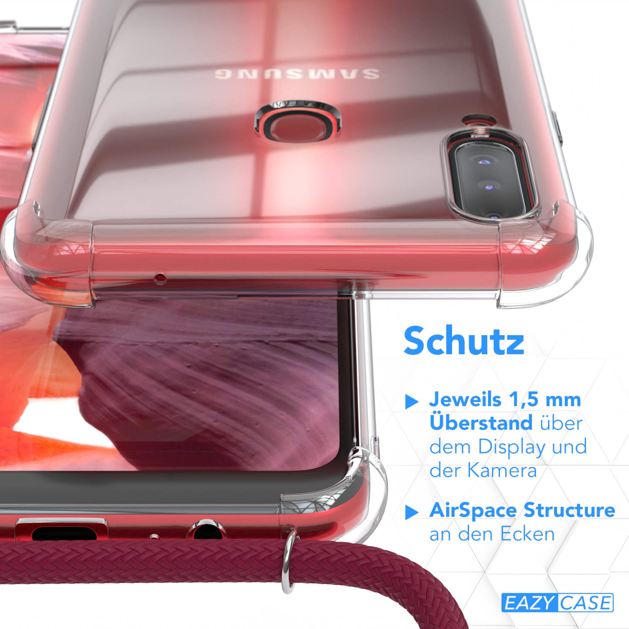 Nahaufnahme einer Handyhülle mit Details. Text über Schutzfunktionen. Roter Hintergrund.
