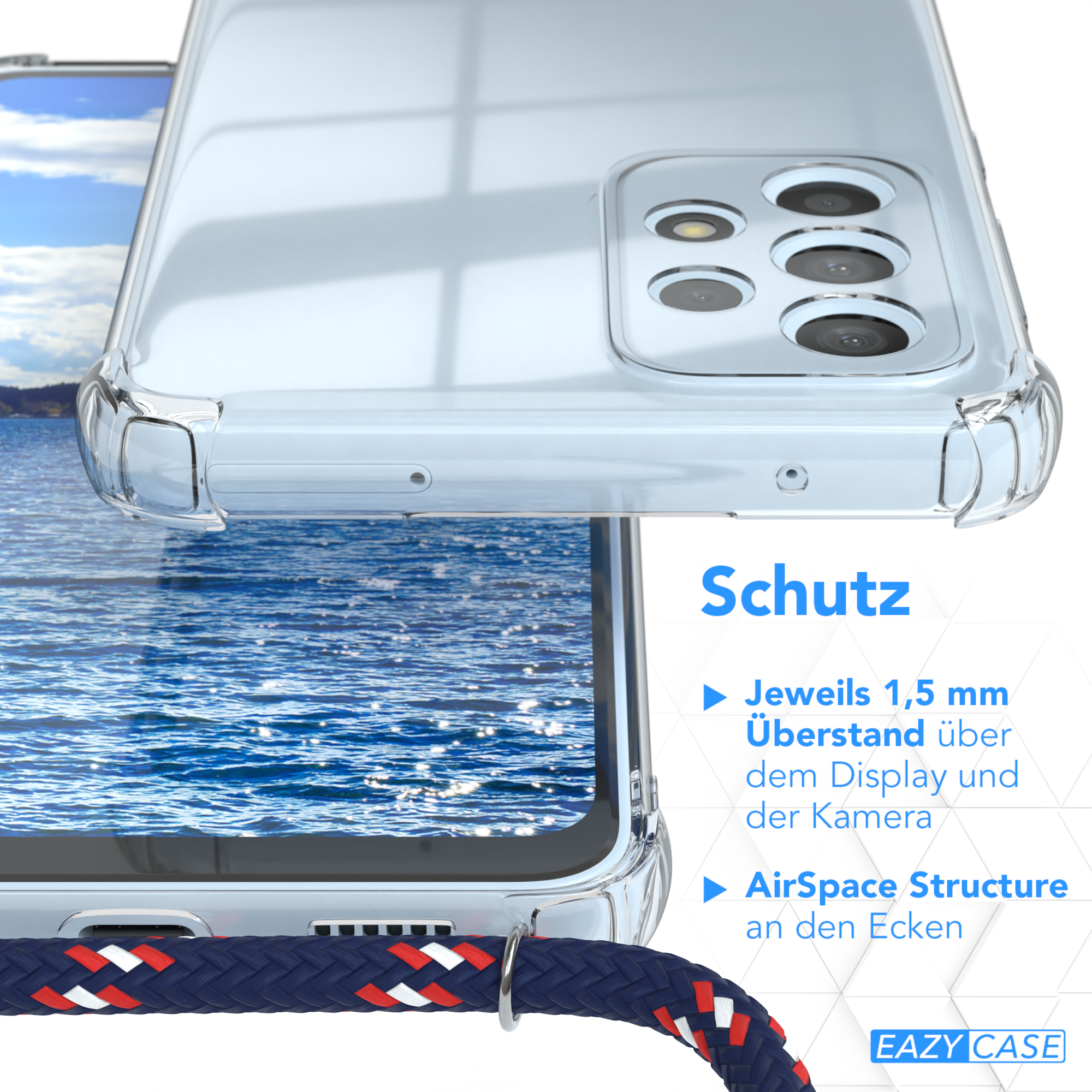 Eine transparente Handyhülle mit blauem Wasserhintergrund, Text über Schutzfunktionen.