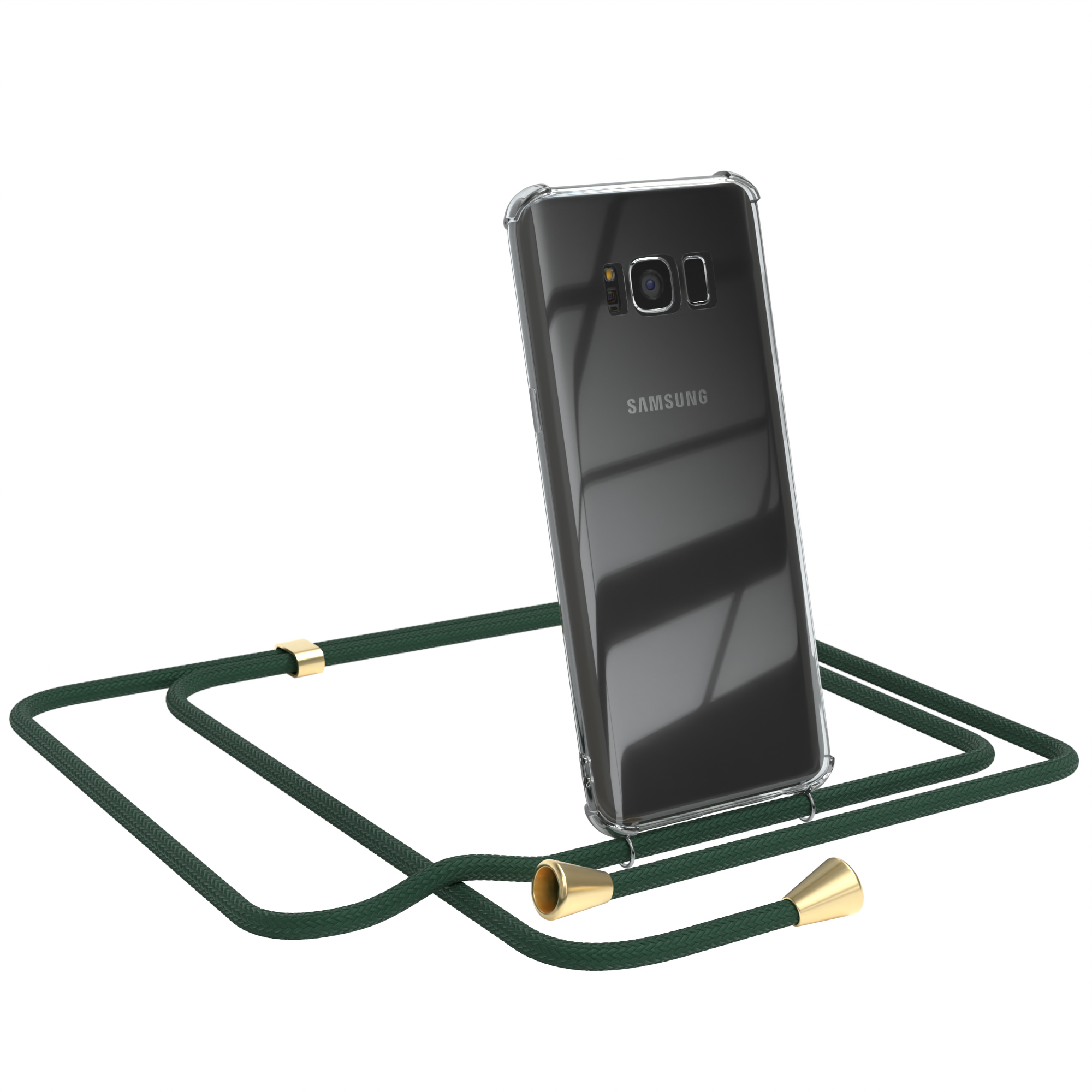 Telefon in klarer Hülle mit grünem Umhängeband. Telefon geneigt, Kameras zeigend. Weißer Hintergrund.