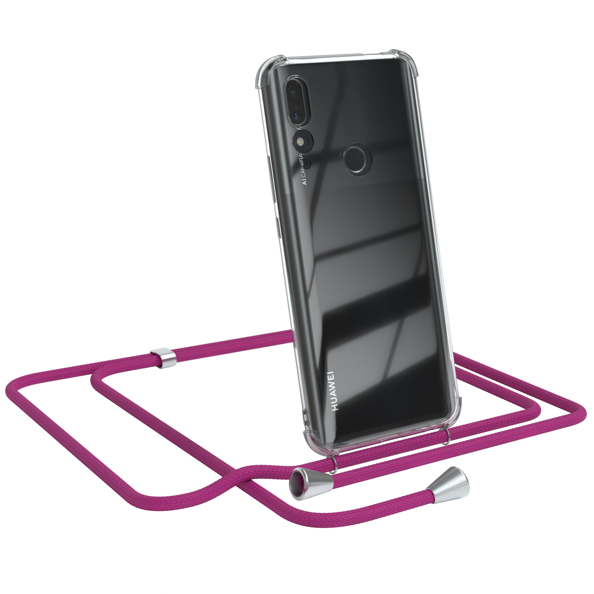 Schwarzes Huawei-Telefon mit klarer Hülle und pinkfarbenem Kabel. Das Telefon steht aufrecht, Huawei-Logo sichtbar.
