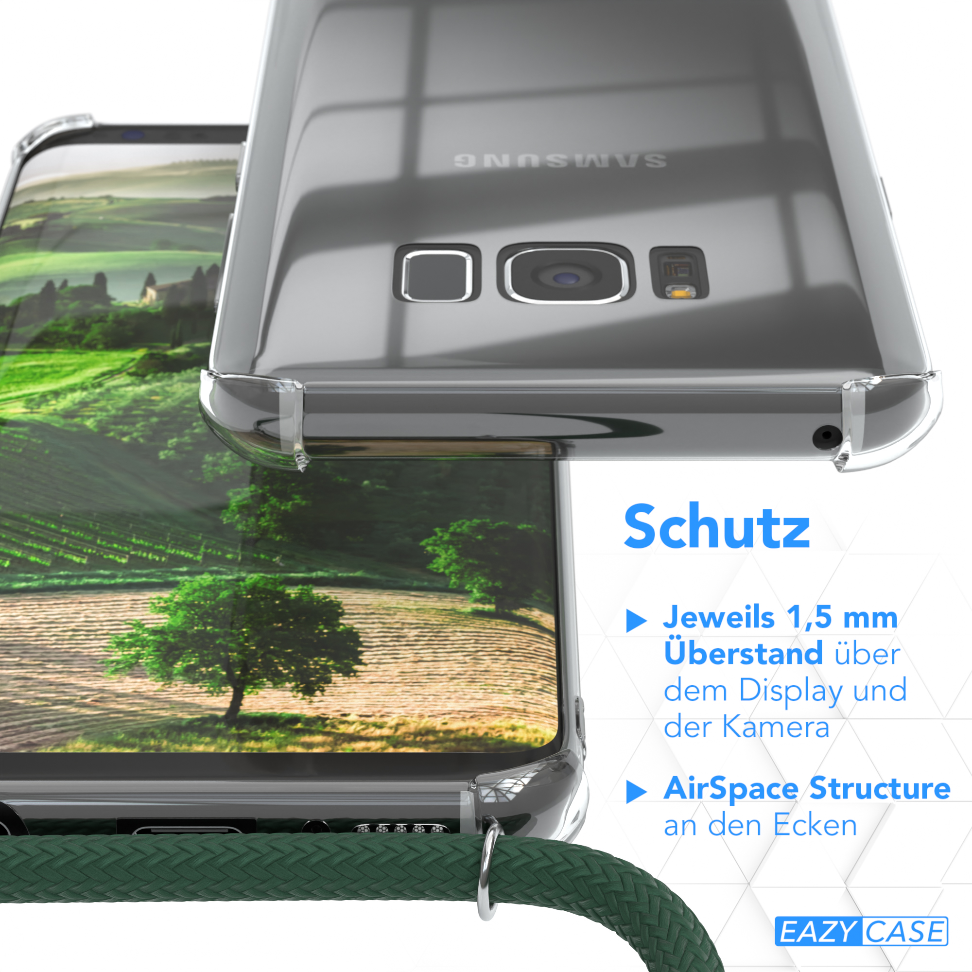 EAZY CASE Clear Cover mit Umhängeband, S8, Samsung, Umhängetasche, Clips Gold Galaxy / Grün