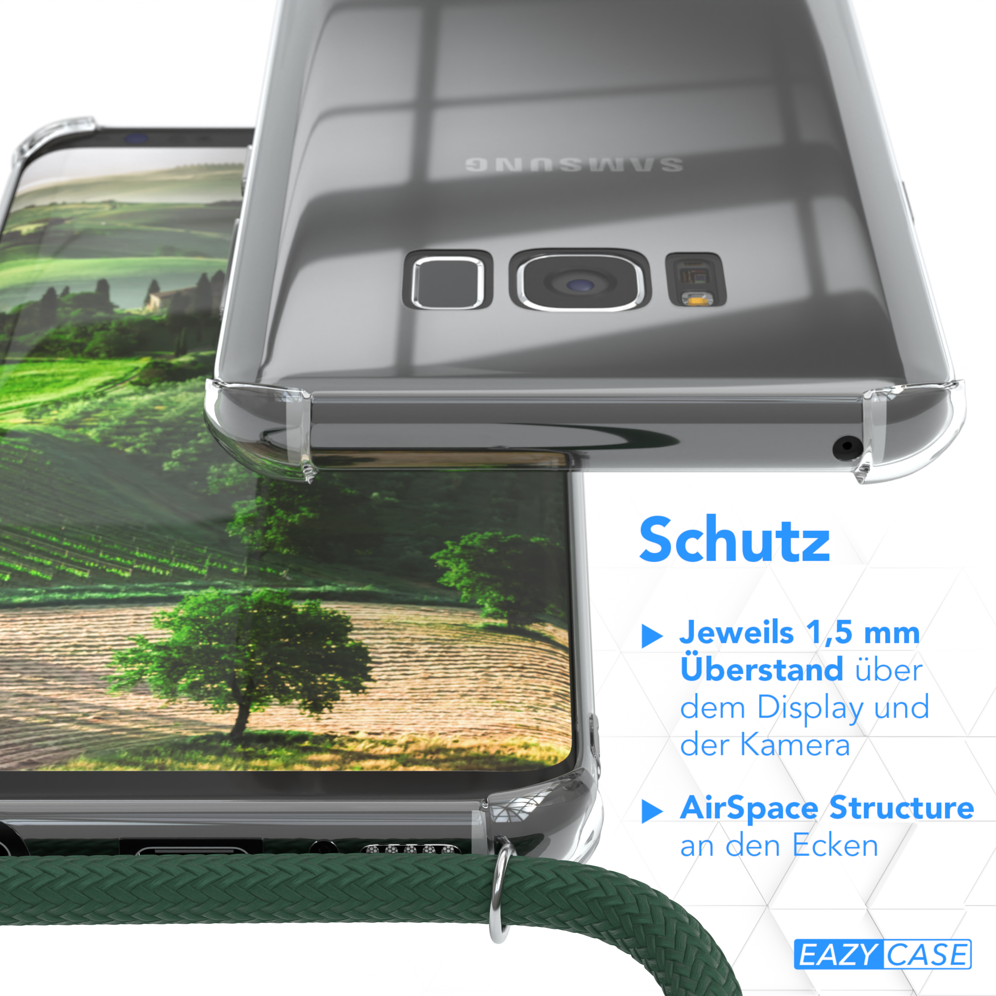 Nahaufnahme der Handyhülle. Das Bild zeigt die Schutzfunktionen und den grünen Riemen.