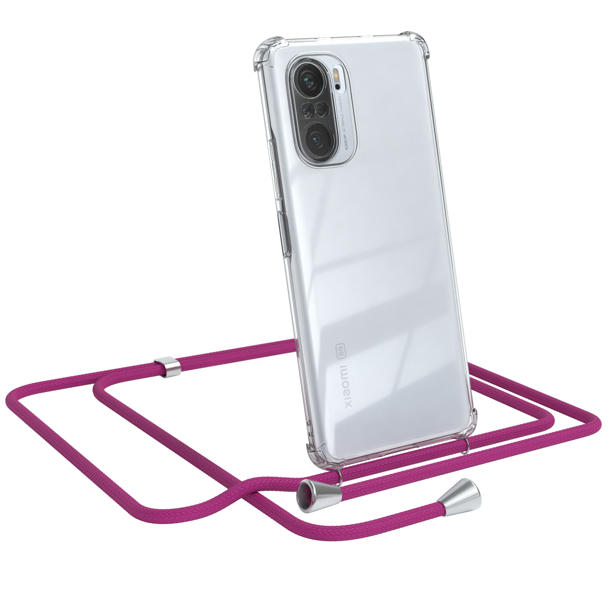 Transparente Handyhülle mit pinkfarbenem Kordel. Xiaomi-Telefon. Silberne Akzente an den Enden.