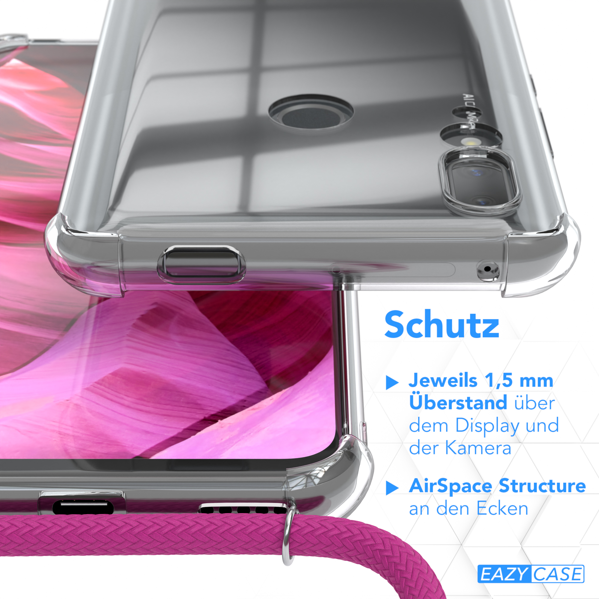 Eine transparente Handyhülle mit einem pinkfarbenen Kordel und einem Telefon darin.