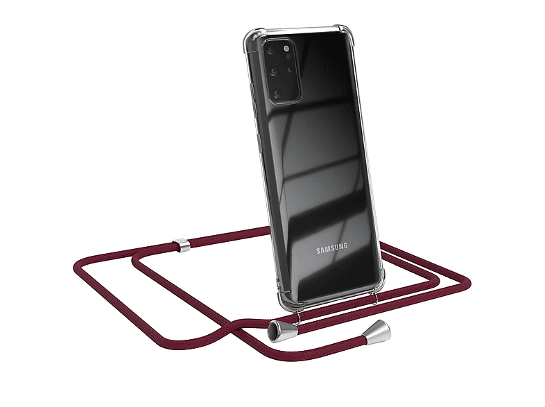 EAZY CASE Clear Cover mit Umhängeband, Umhängetasche, Samsung, Galaxy S20 Plus / S20 Plus 5G, Bordeaux Rot / Clips Silber