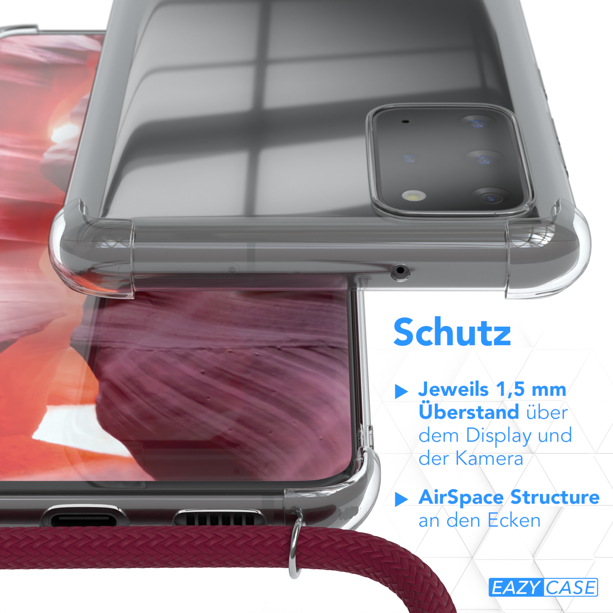 Eine transparente Handyhülle wird gezeigt, mit Text, der ihre Schutzmerkmale beschreibt: 1,5 mm erhöhte Kanten und AirSpace Structure.