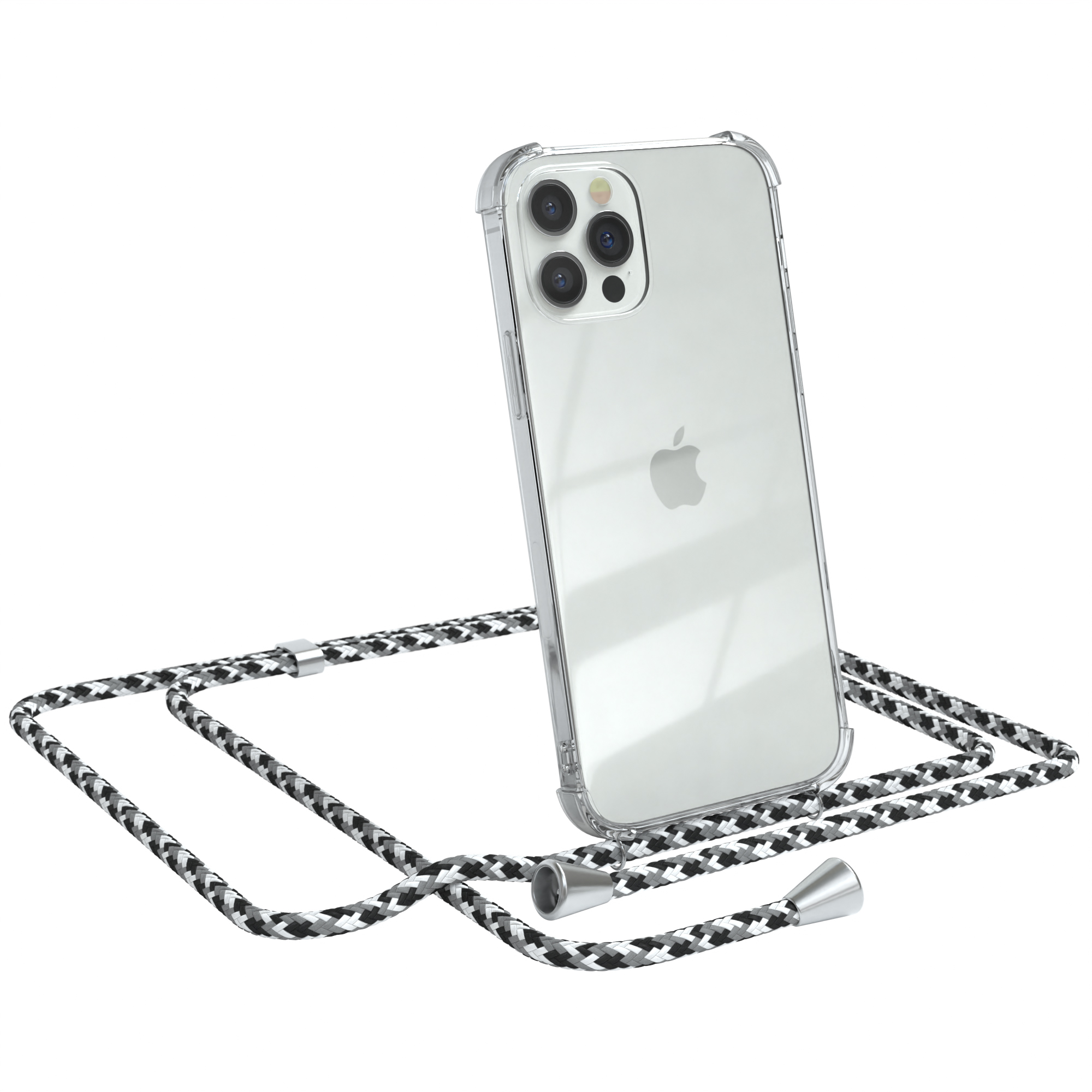 iPhone in transparenter Hülle mit schwarz-weiß geflochtenem Umhängeband. Weißer Hintergrund.