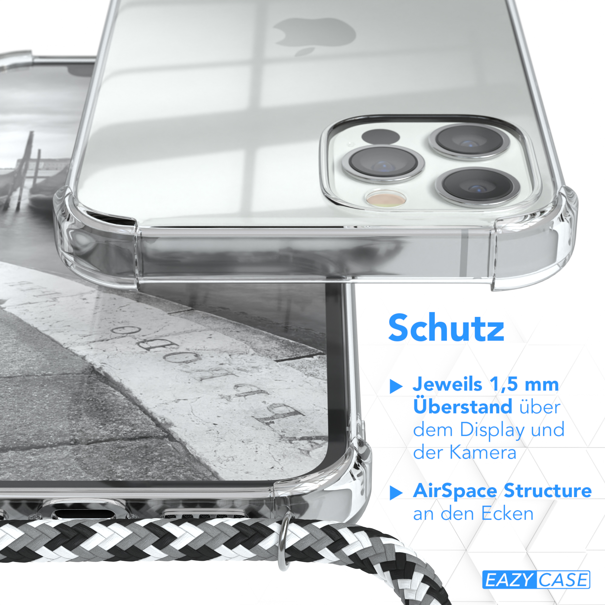 Transparente Handyhülle über einem Telefon. Der Hintergrund ist eine schwarz-weiße Straßenszene. Text 'Schutz'.