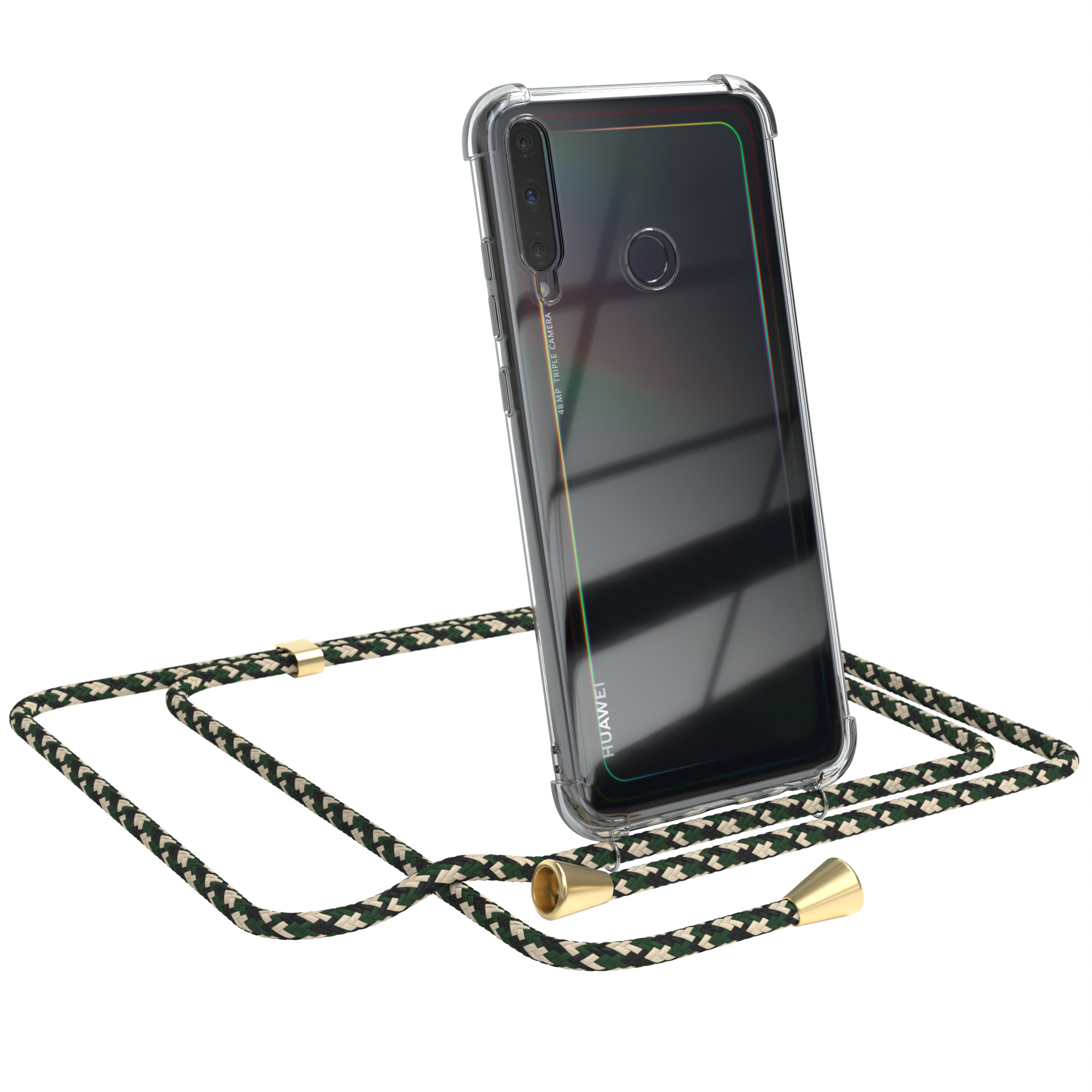 Klare Handyhülle mit grün-schwarzem Seil am schwarzen Handy befestigt.
