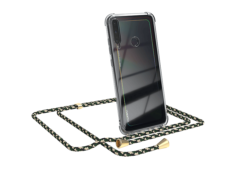 EAZY CASE Clear Cover mit Umhängeband, Umhängetasche, Huawei, P40 Lite E, Grün Camouflage / Clips Gold