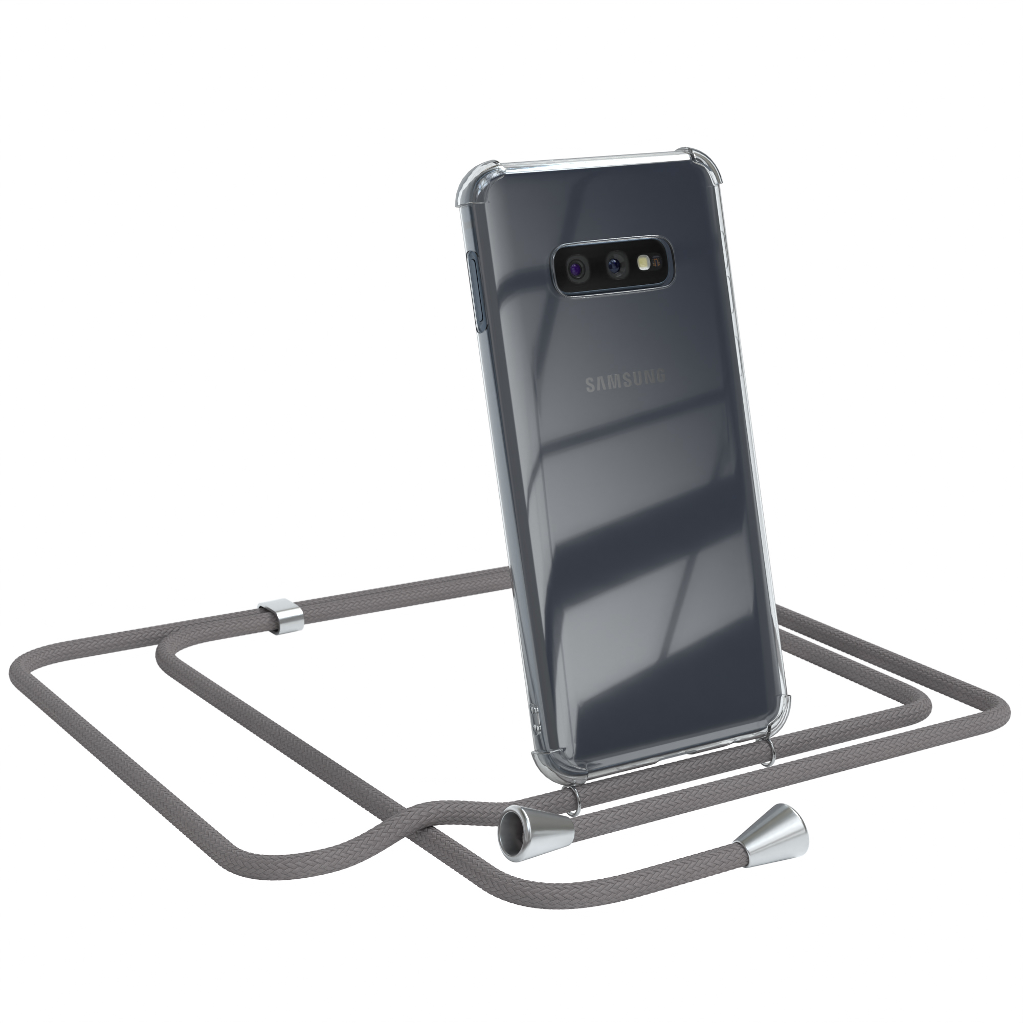 Transparente Handyhülle mit grauem Kordel. Ein Samsung-Handy ist in der Hülle, weißer Hintergrund.