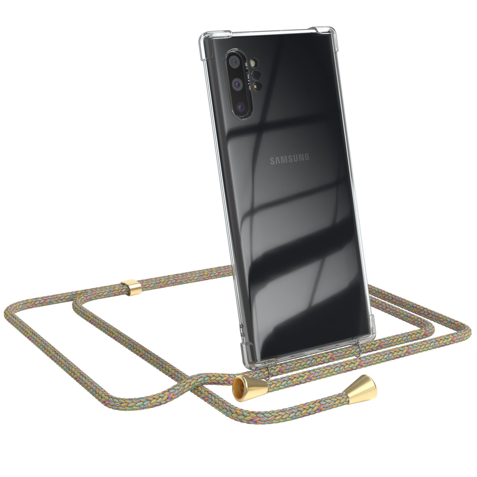 Ein Smartphone in einer transparenten Hülle mit einer bunten Kordel.