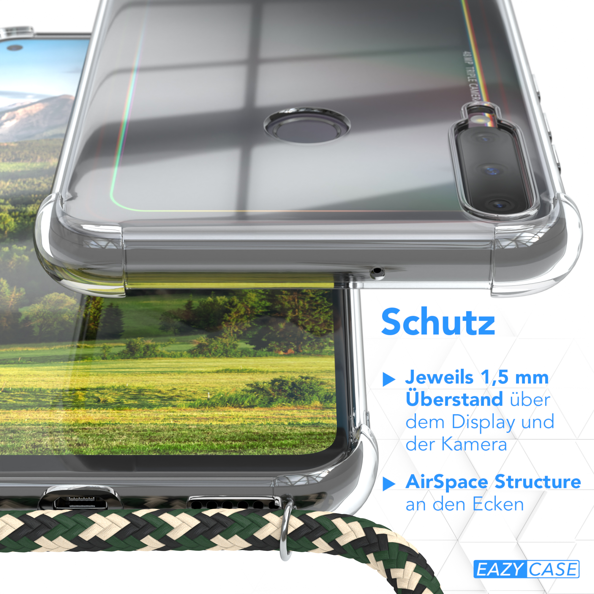Nahaufnahme einer transparenten Handyhülle mit Riemen, zeigt Kanten und Designdetails.