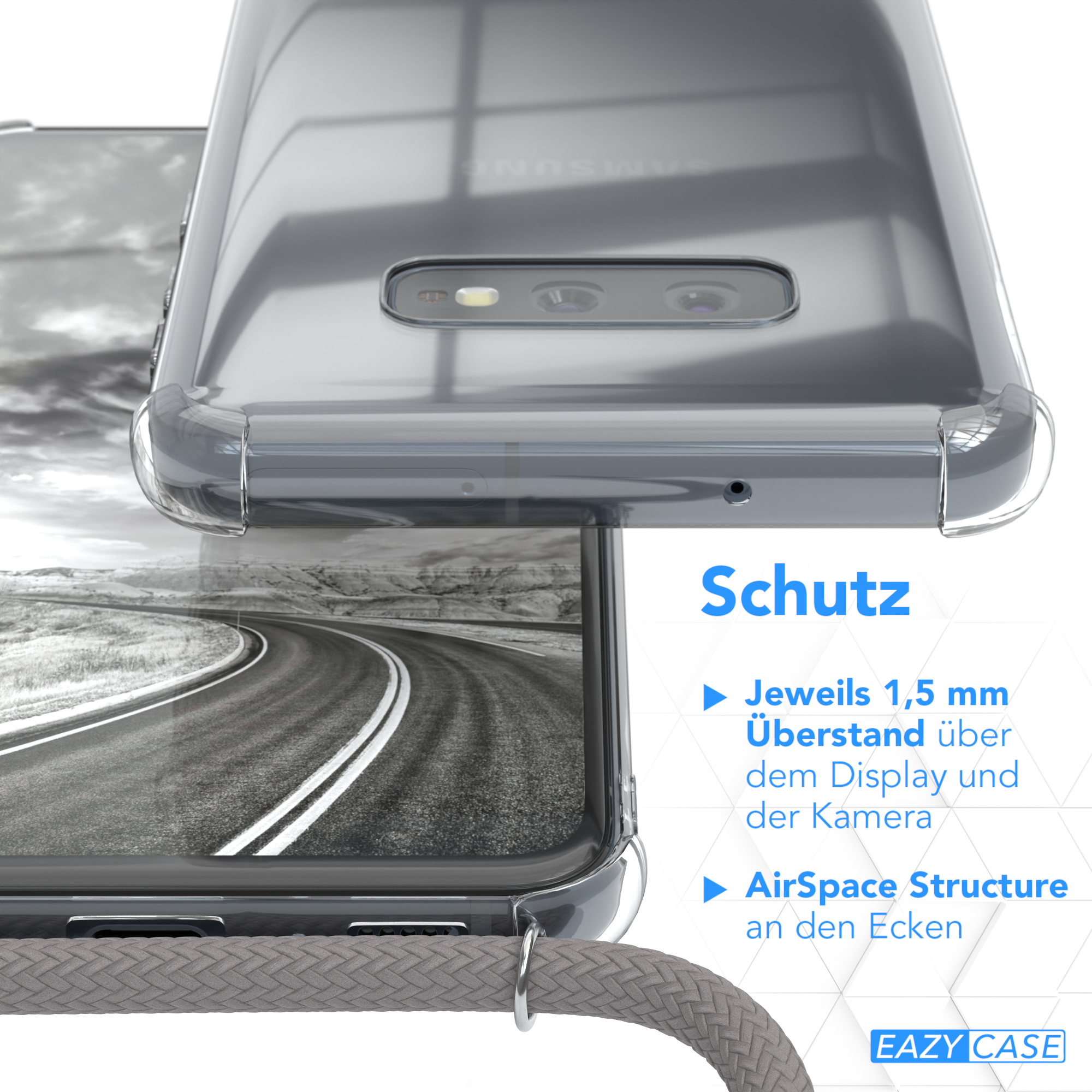 Transparente Handyhülle, die ein Telefon schützt. Die Hülle ist transparent, das Telefon sichtbar.