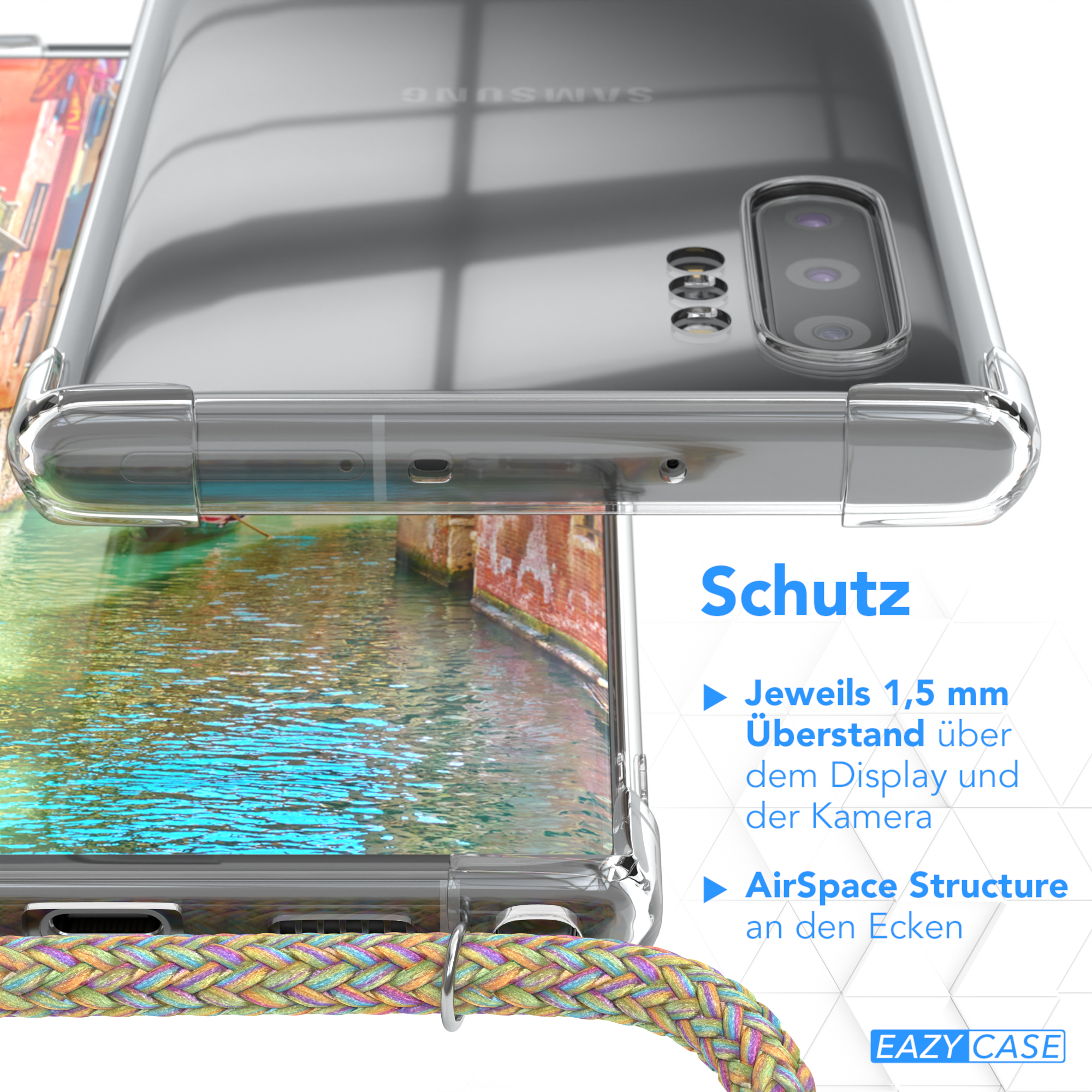 Nahaufnahme einer Handyhülle mit farbenfrohem Kordel. Das Telefon ist in der Hülle.
