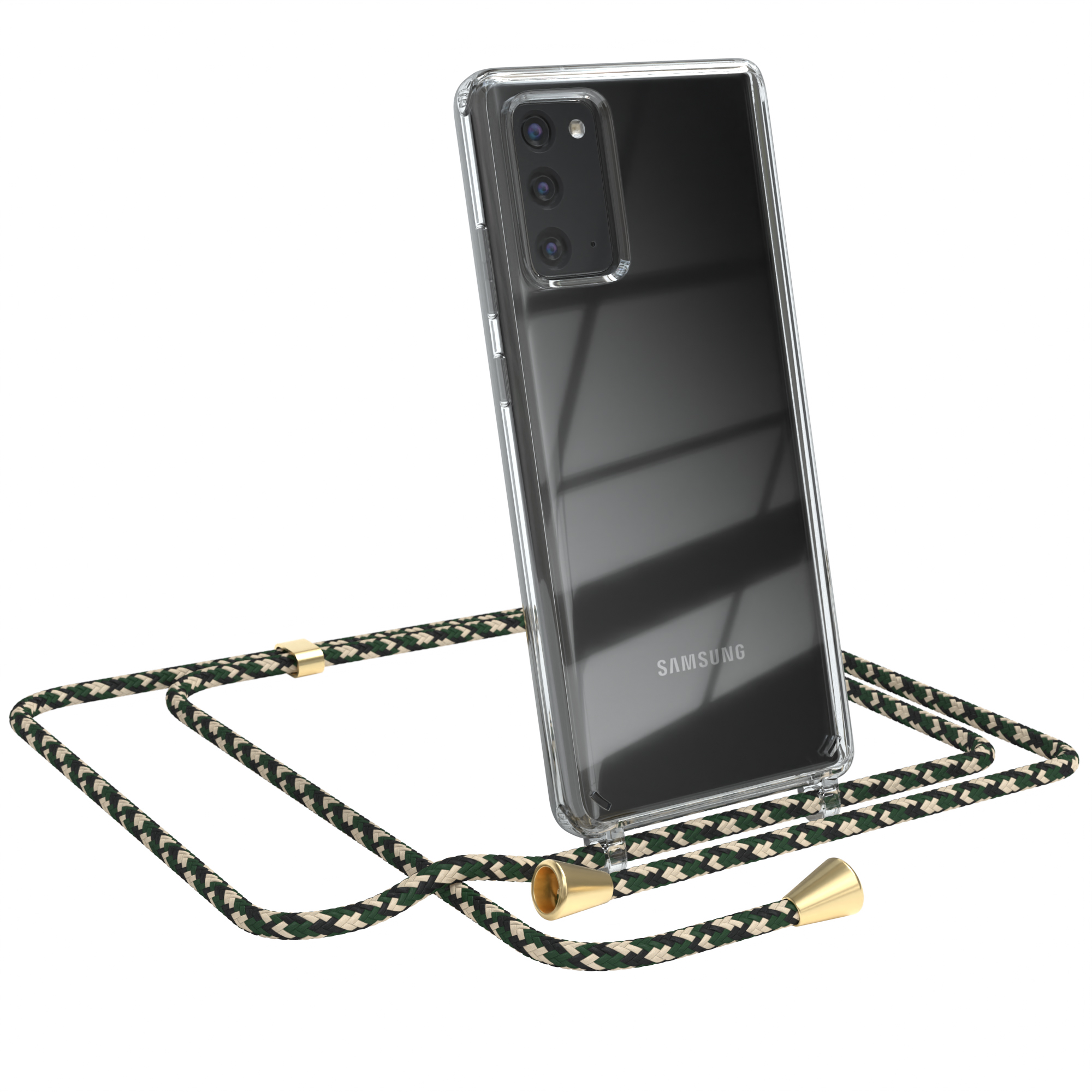 Transparente Handyhülle mit grün-beigem Band. Ein Samsung-Telefon ist darin. Goldakzente an den Enden.