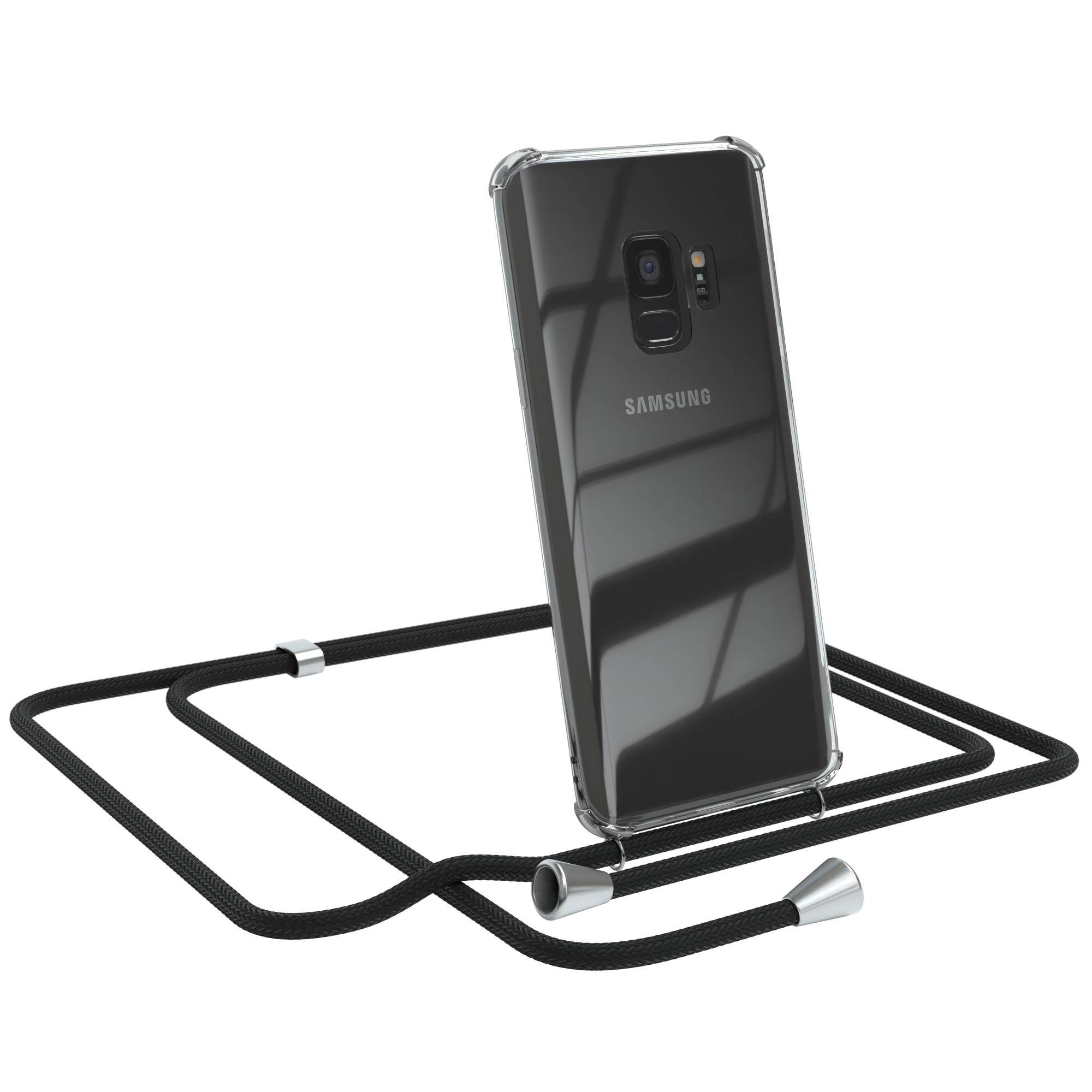 Transparente Handyhülle mit schwarzem Riemen. Ein Samsung-Telefon ist sichtbar.