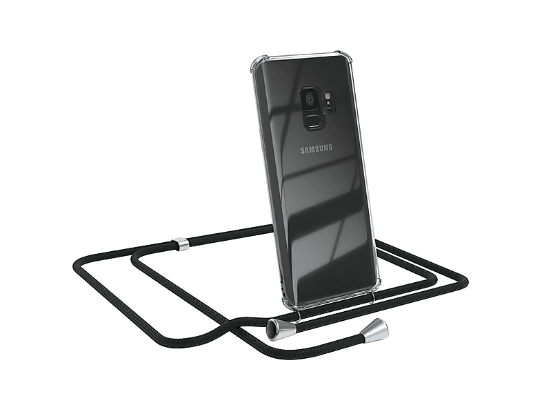 Samsung, CASE Umhängetasche, EAZY / Clips Schwarz Clear mit Umhängeband, Cover Galaxy S9, Silber