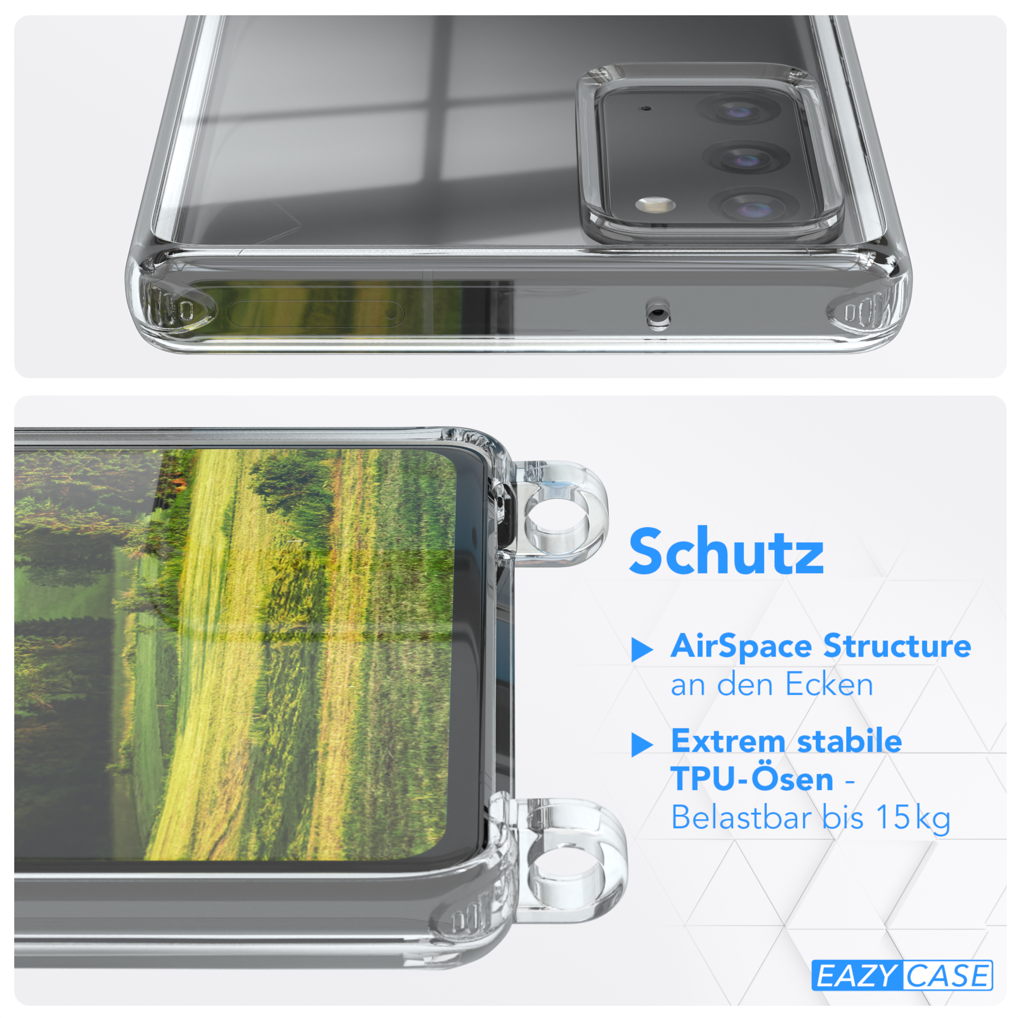 Transparente Handyhülle mit Telefon. Text zeigt Schutzeigenschaften.