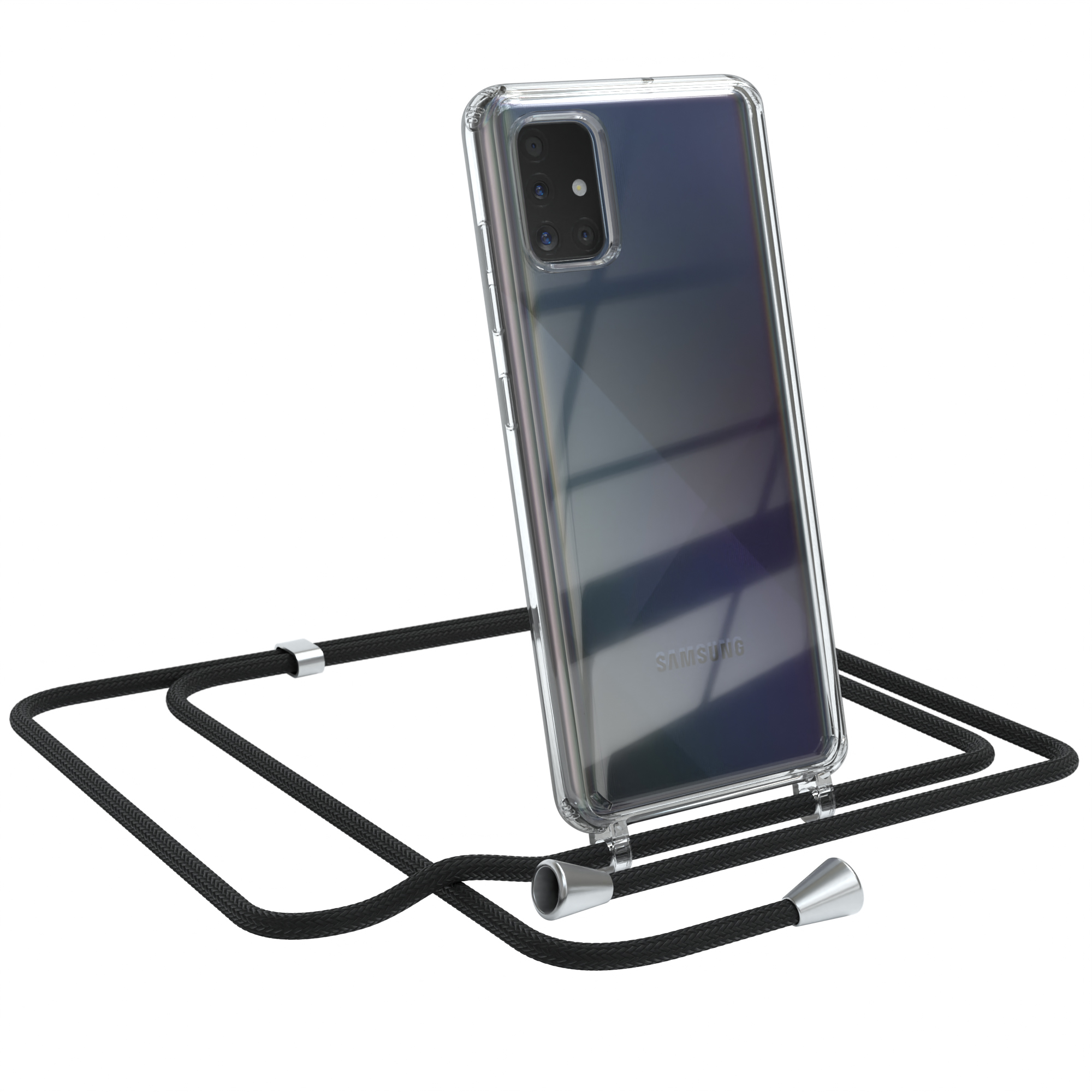 Ein Samsung-Telefon in einer transparenten Hülle mit einem schwarzen Lanyard.