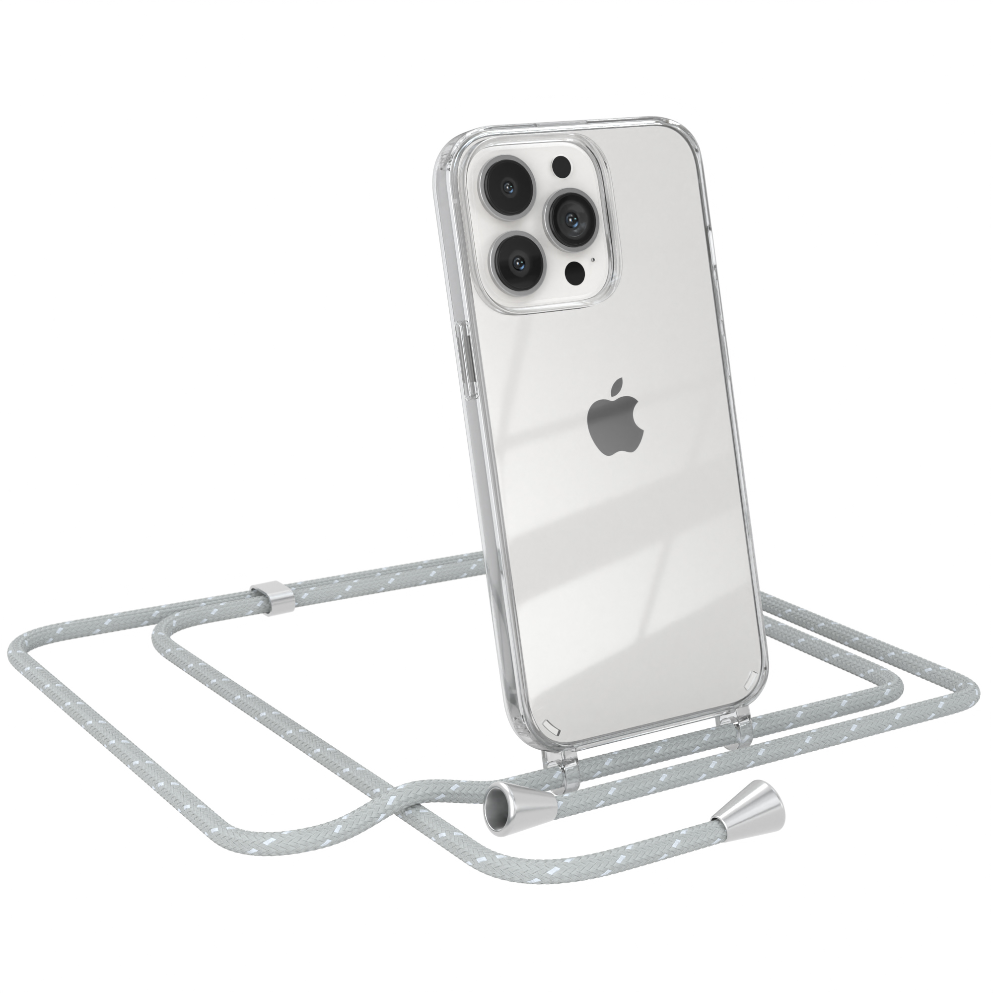 iPhone in klarer Hülle mit grau-weißem Kordel. Telefon lehnt an der Kamera.