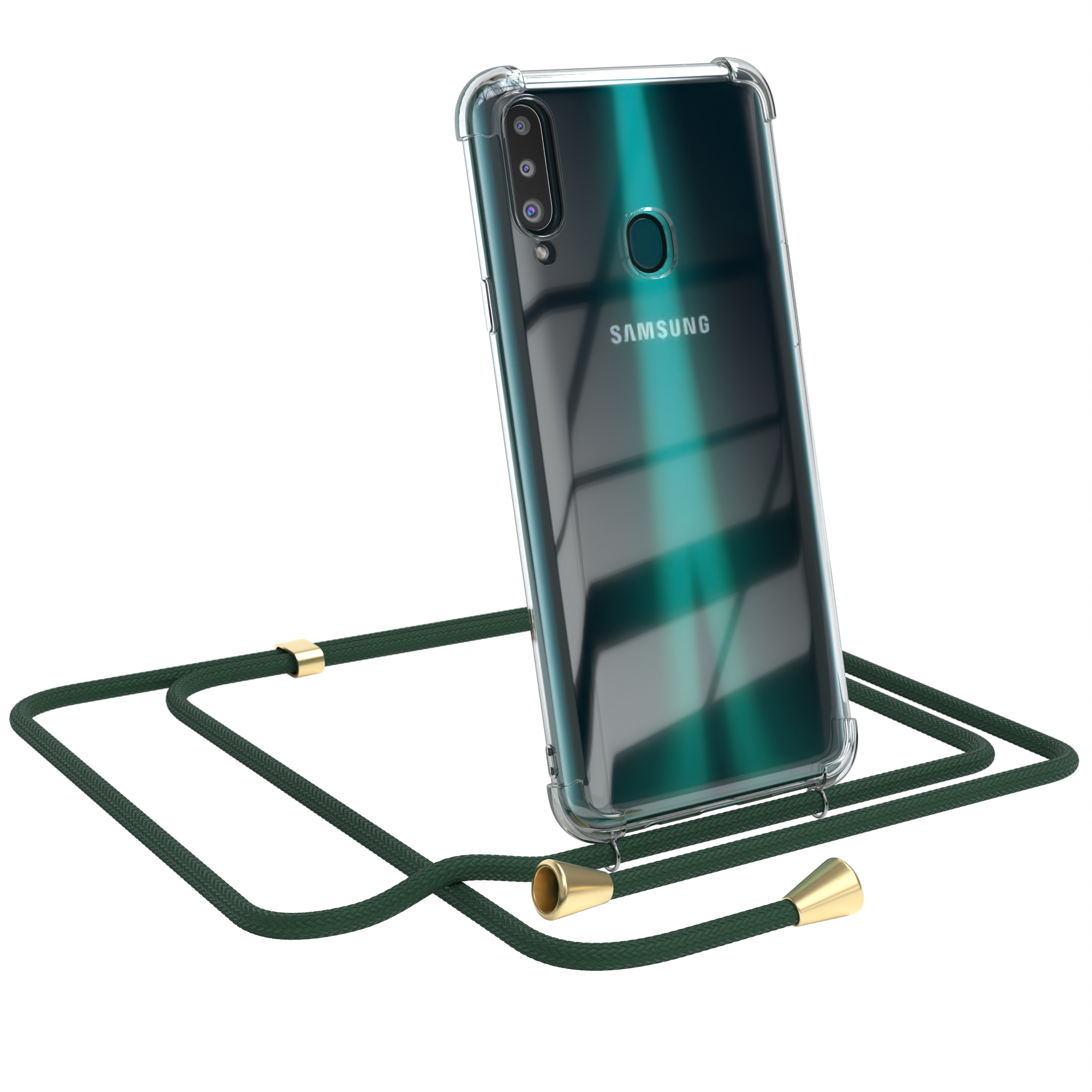 Transparente Handyhülle mit grünem Lanyard. Telefon ist Samsung mit mehreren Kameras.