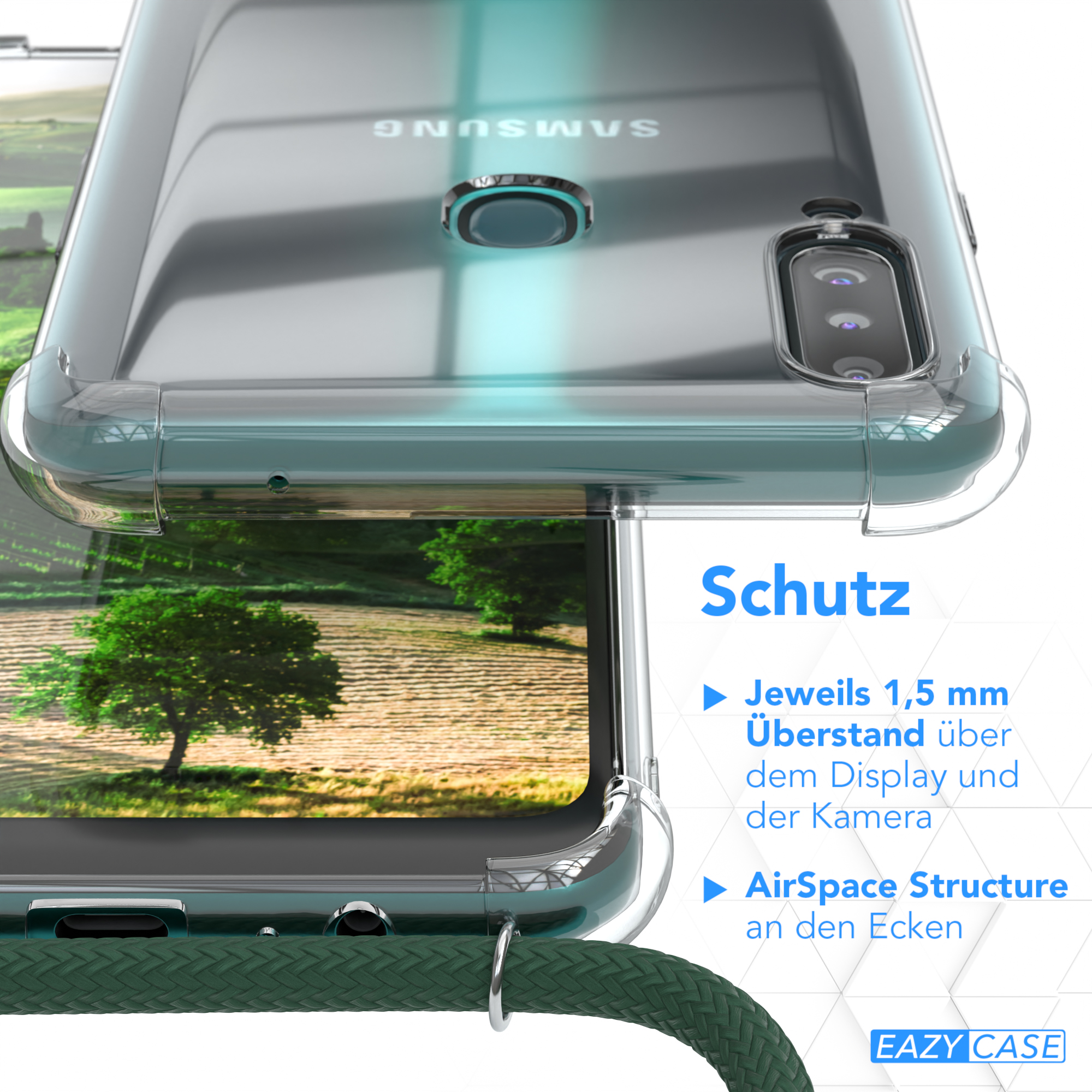 Transparente Handyhülle auf einem Telefon, mit grünem Riemen und Text über Schutz und Funktionen.