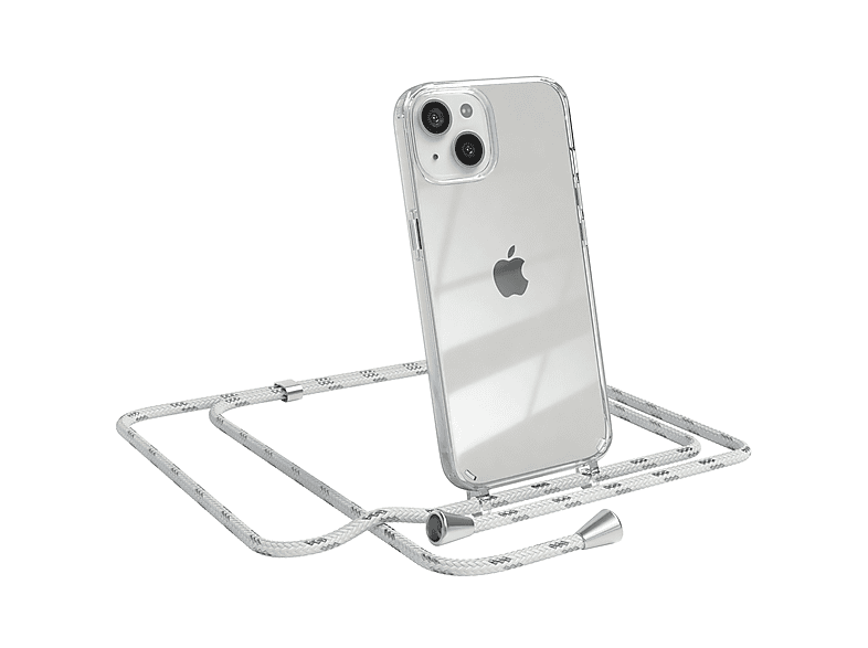 EAZY CASE Clear Cover mit Umhängeband, Umhängetasche, Apple, iPhone 13, Weiß / Clips Silber