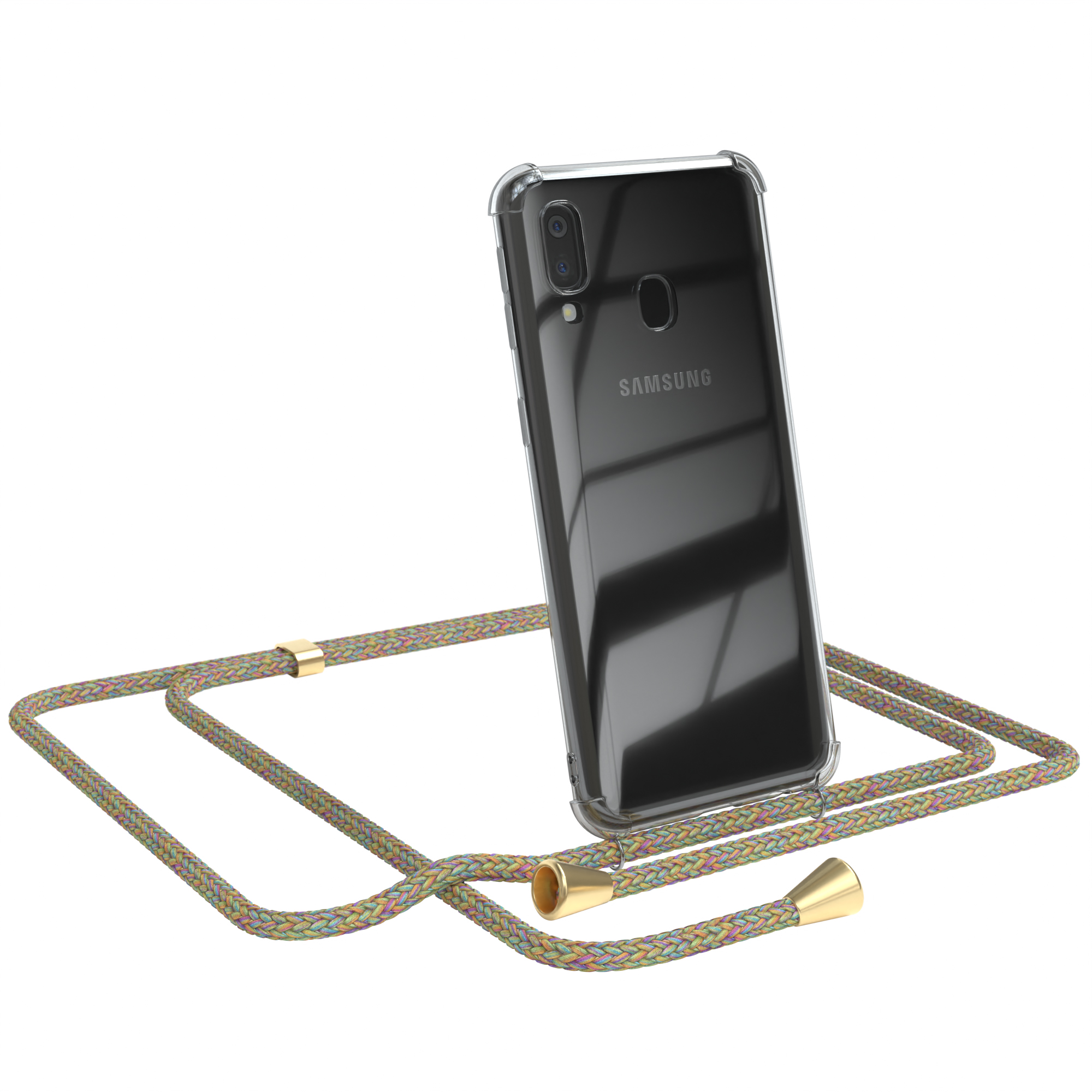 Samsung-Handy in klarer Hülle mit farbenfroher Kordel. Weißer Hintergrund.