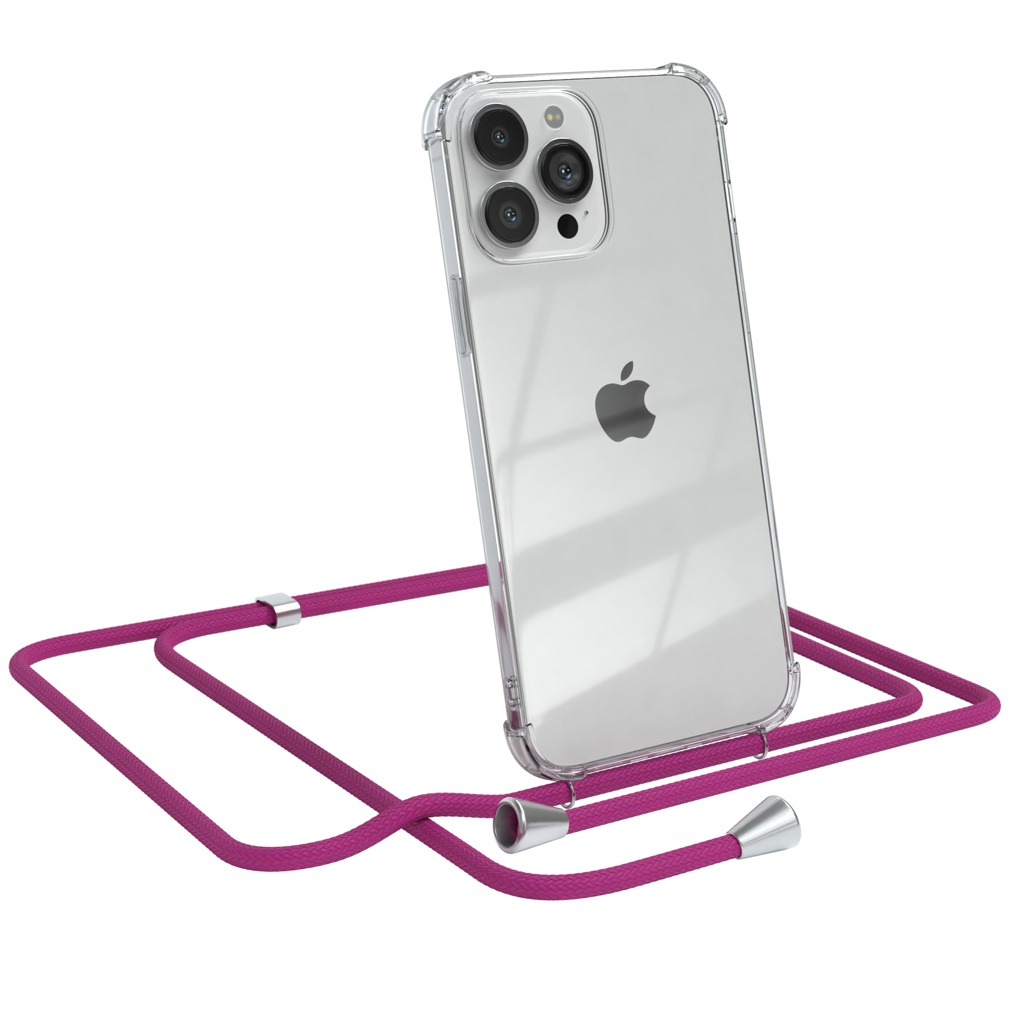 Transparente Handyhülle mit pinkfarbenem Lanyard auf weißem Hintergrund. Apple iPhone ist sichtbar.