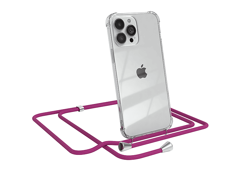 EAZY CASE Clear Cover mit Umhängeband, Umhängetasche, Apple, iPhone 13 Pro Max, Pink / Clips Silber