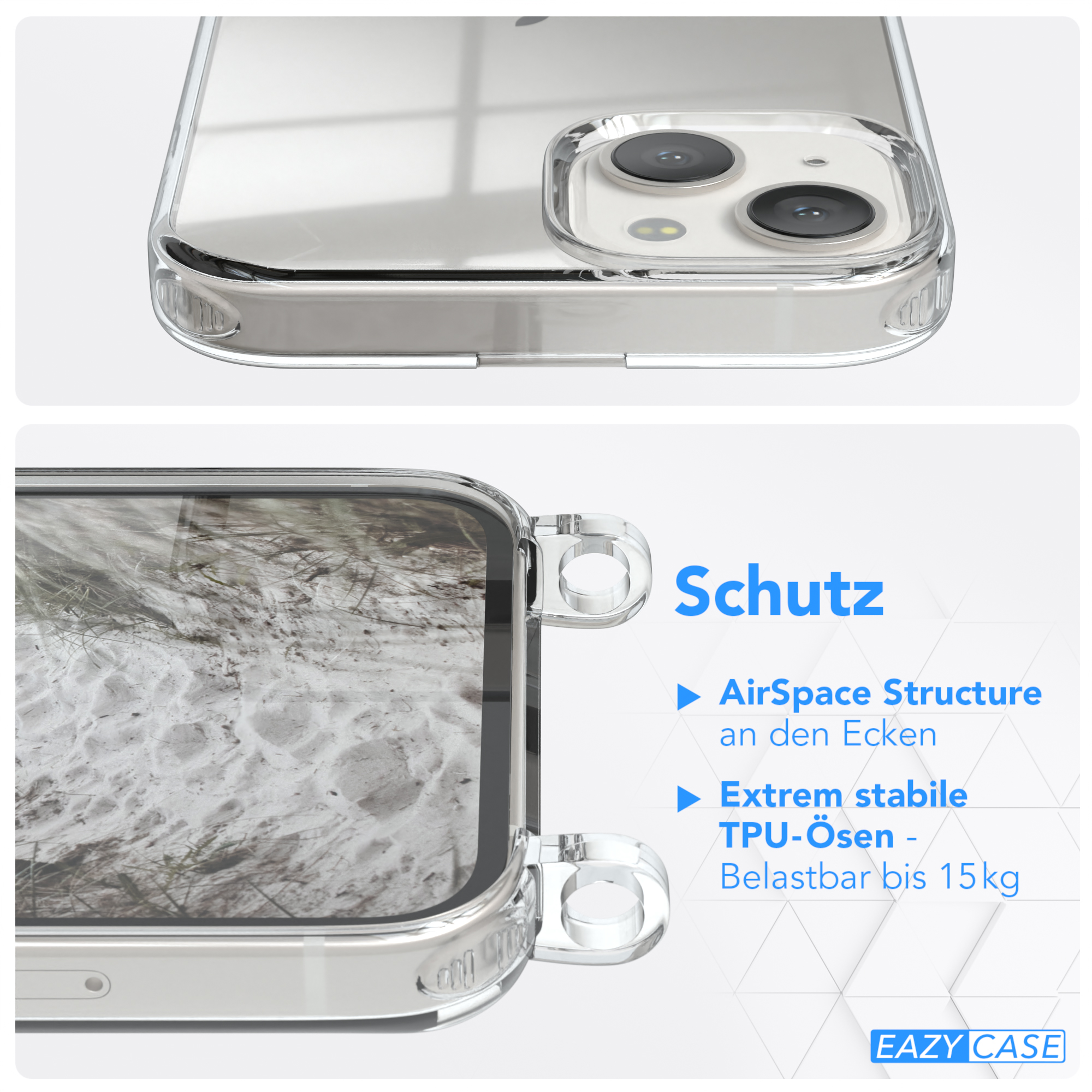 iPhone Clear Apple, CASE Umhängetasche, Clips Umhängeband, Weiß / EAZY Silber Cover 13, mit