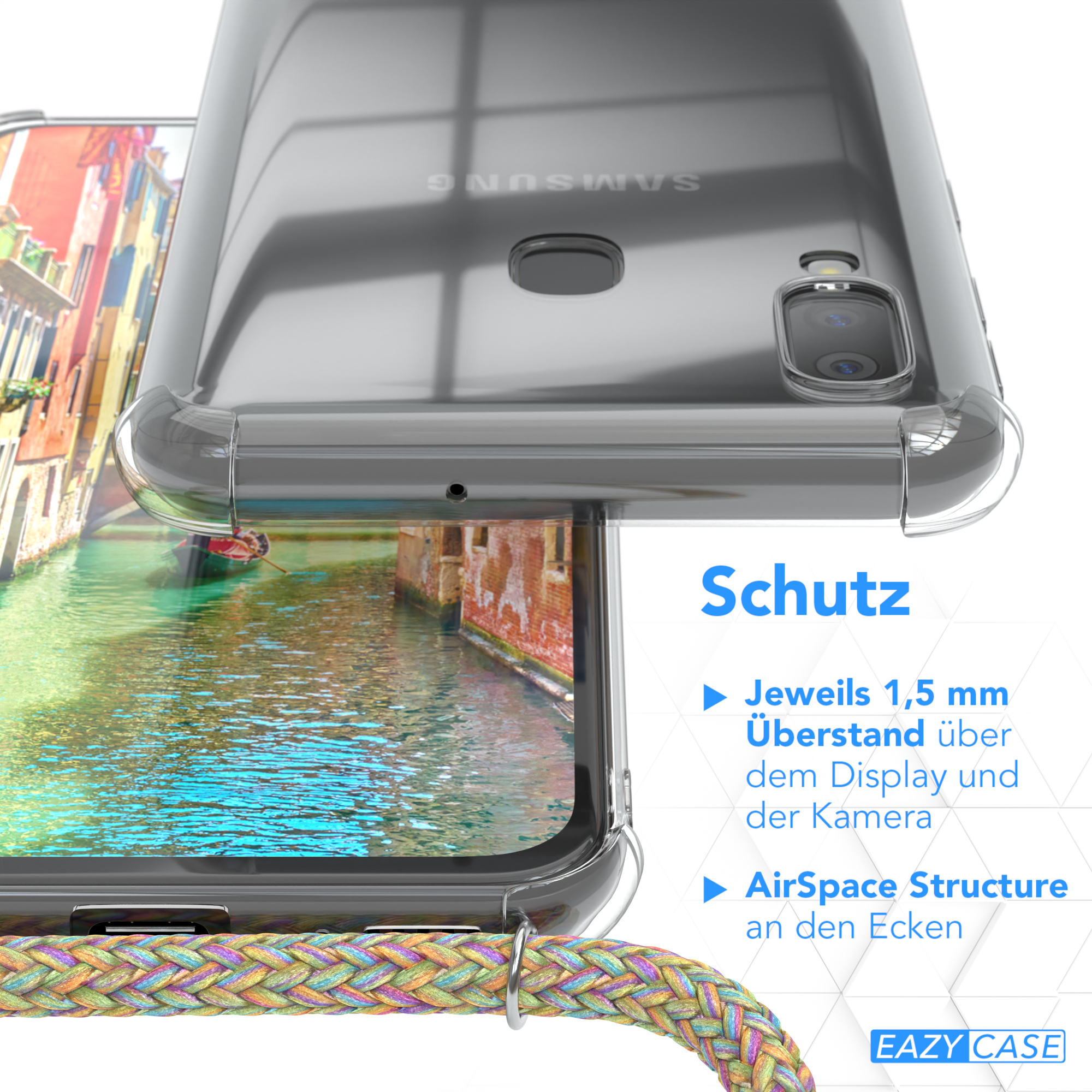 Ein Telefon in einer durchsichtigen Hülle zeigt eine Kanalszene. Die Hülle hat eine Schutzkante. Der Text Schutz ist sichtbar.