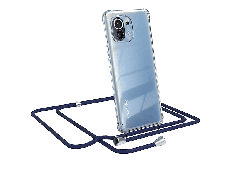 EAZY CASE Clear Cover mit Umhängeband, Umhängetasche, Xiaomi, Mi 11 5G, Blau / Clips Silber