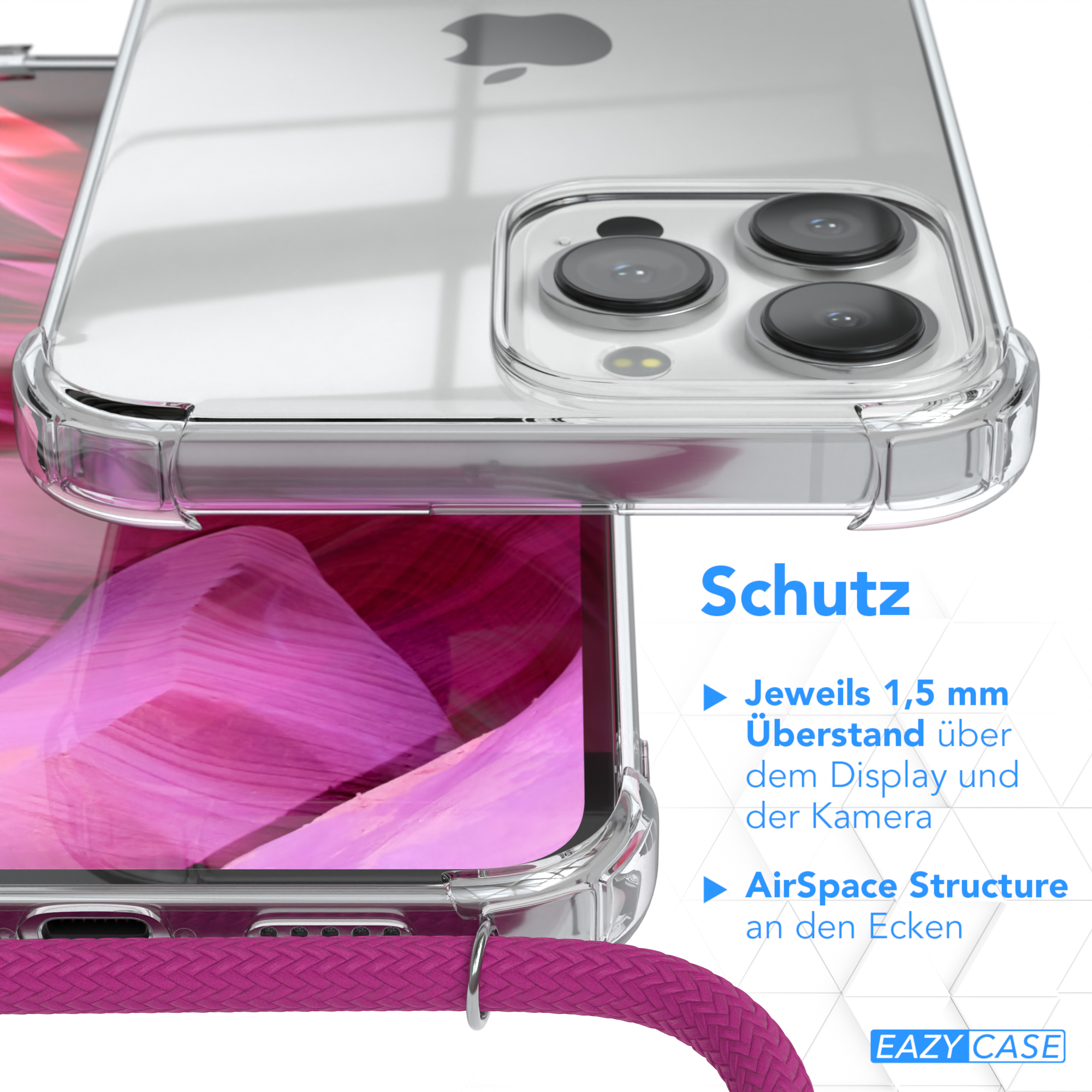 Nahaufnahme einer Handyhülle mit Text über Schutzfunktionen und dem Markenlogo.