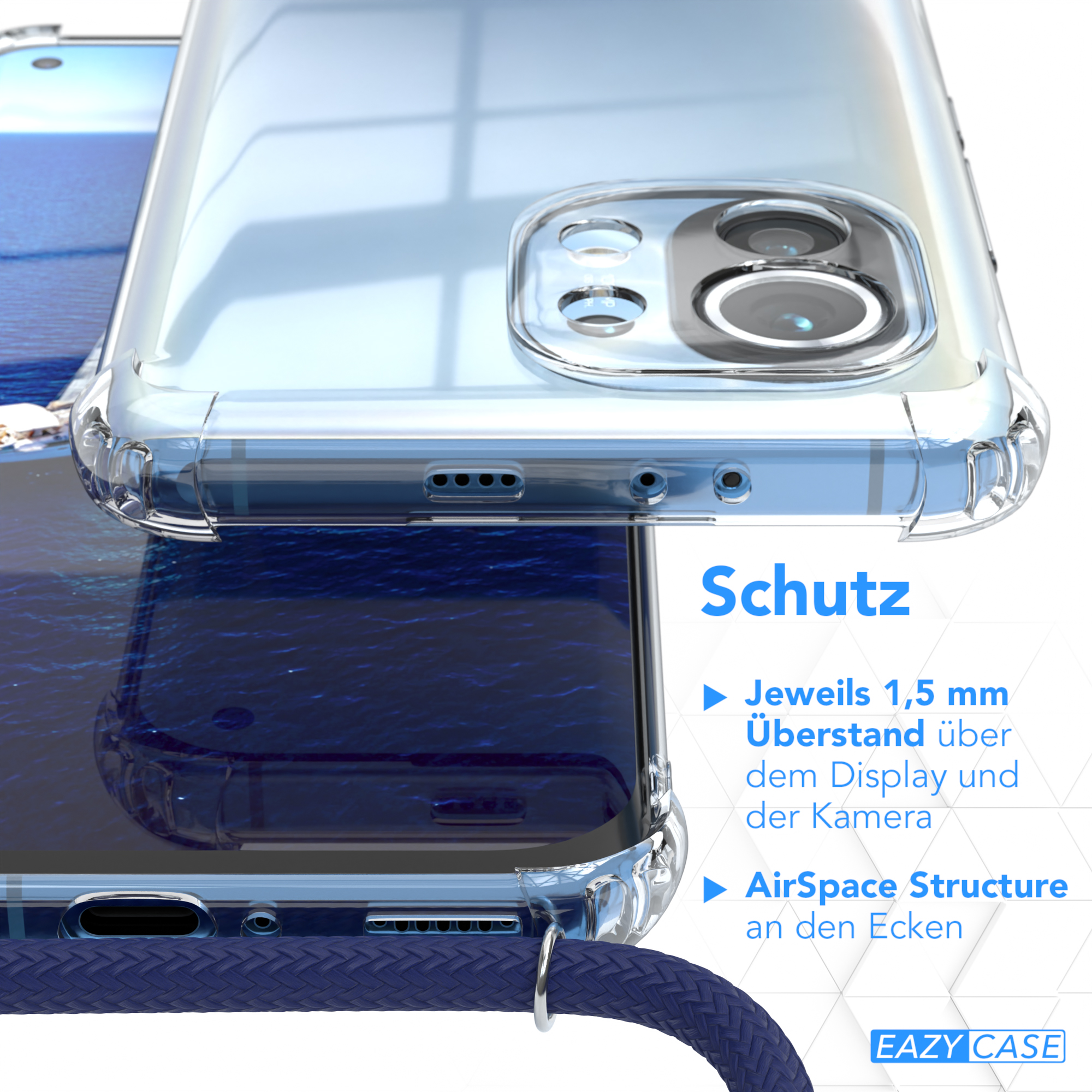 EAZY CASE Clear Cover Mi 11 5G, Clips Xiaomi, Umhängetasche, Blau Umhängeband, / mit Silber