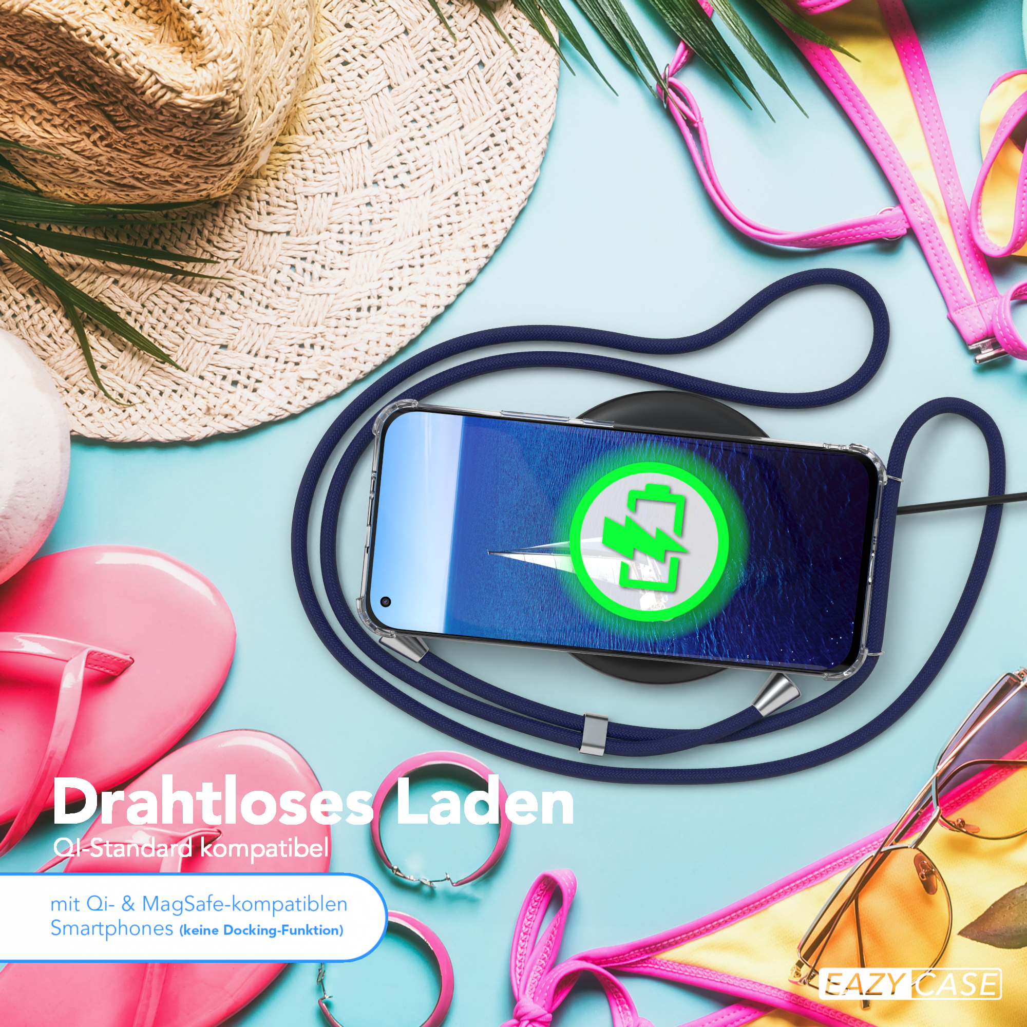 Telefon, der auf einem kabellosen Ladegerät mit Lanyard und rosa Zubehör lädt.