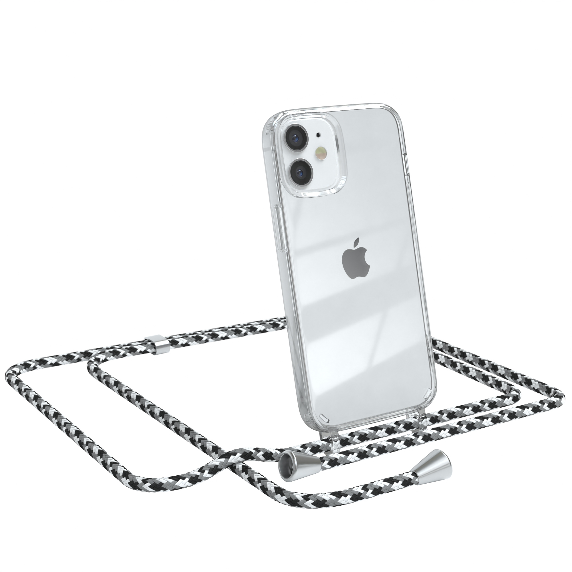 iPhone in klarer Hülle mit schwarz-weißem Riemen.