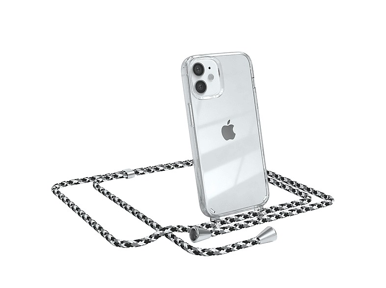 EAZY CASE Clear Cover mit Umhängeband, Umhängetasche, Apple, iPhone 12 Mini, Schwarz Camouflage / Clips Silber