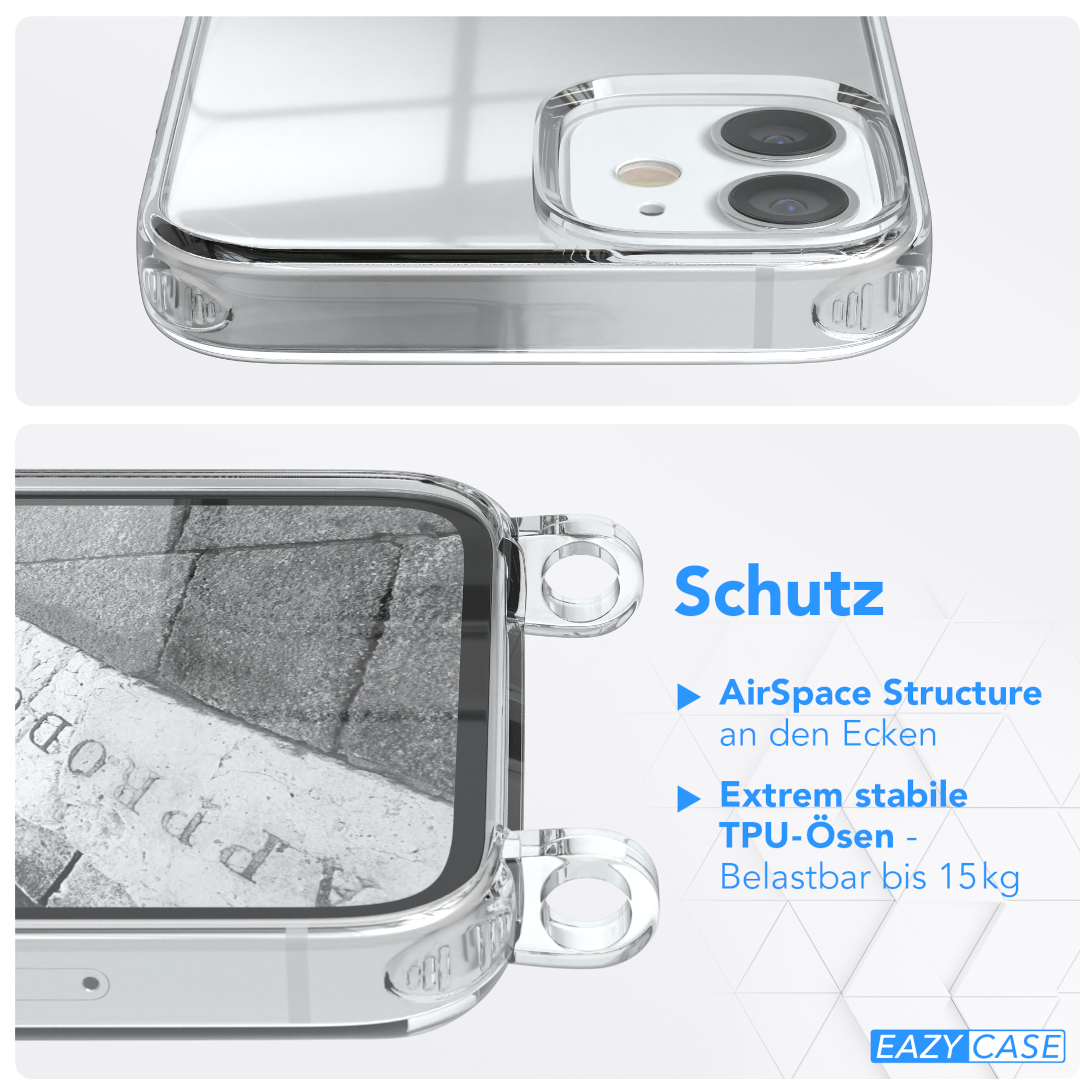 EAZY CASE Clear Cover mit Schwarz Mini, Camouflage Silber / Apple, Umhängetasche, 12 Umhängeband, iPhone Clips