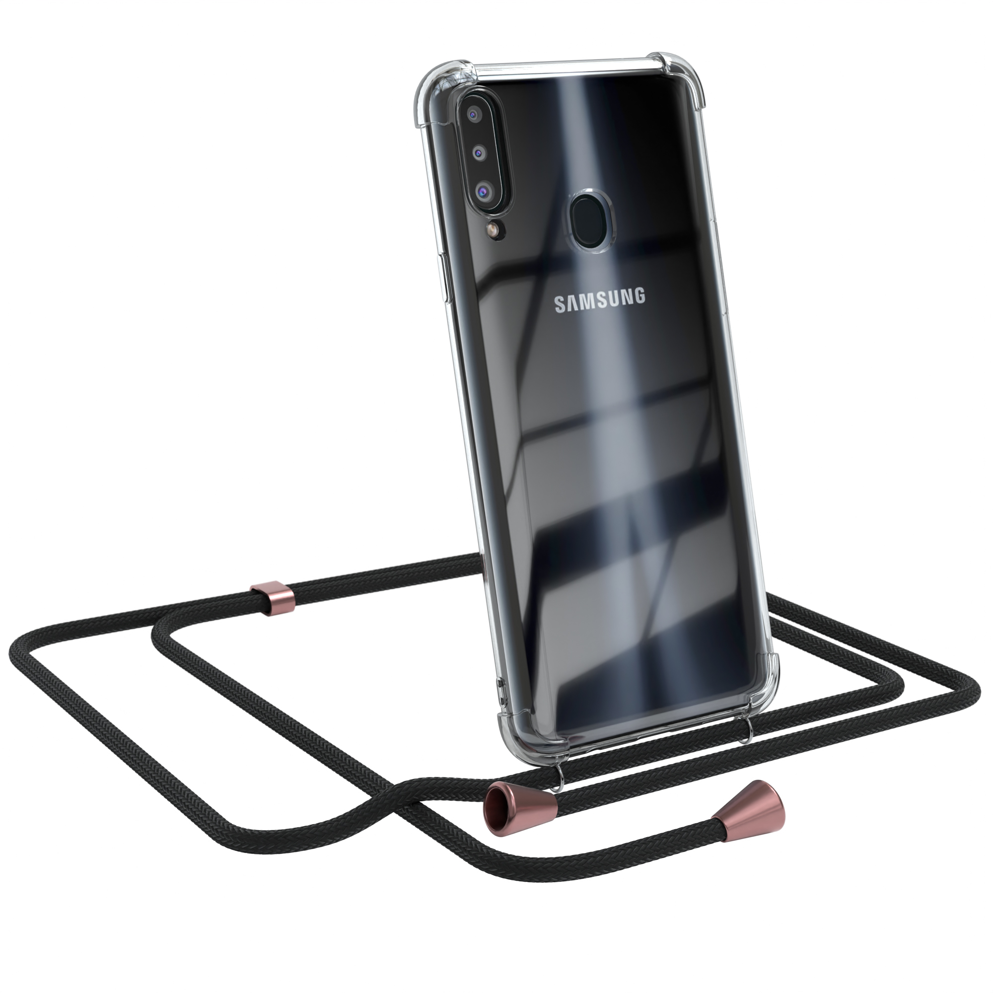 Ein Telefon mit transparenter Hülle und schwarzem Kordel. Das Telefon ist an der Kordel angewinkelt.